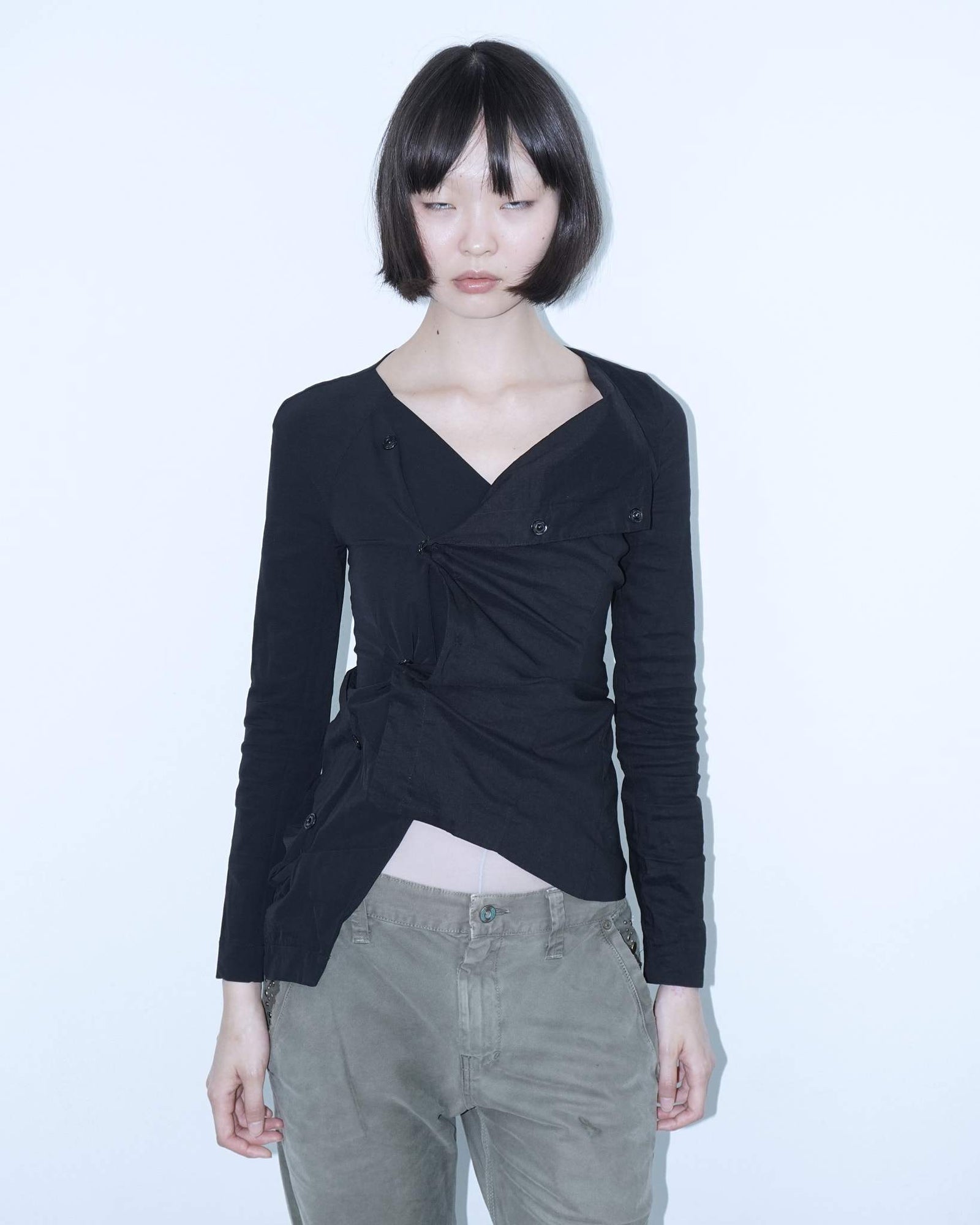 linen long sleeved asymmetrical black top