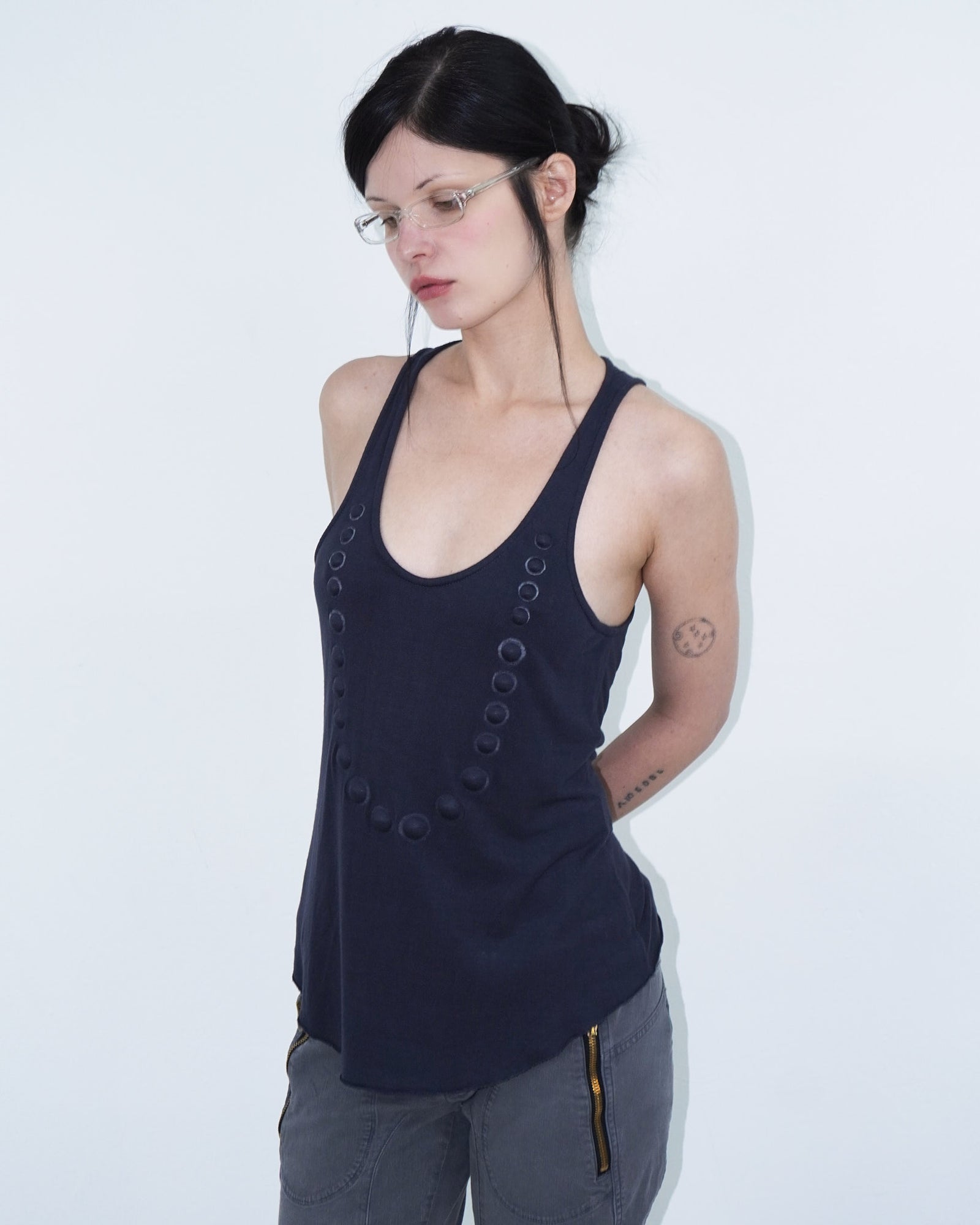 loose navy blue tank top with  3D dots