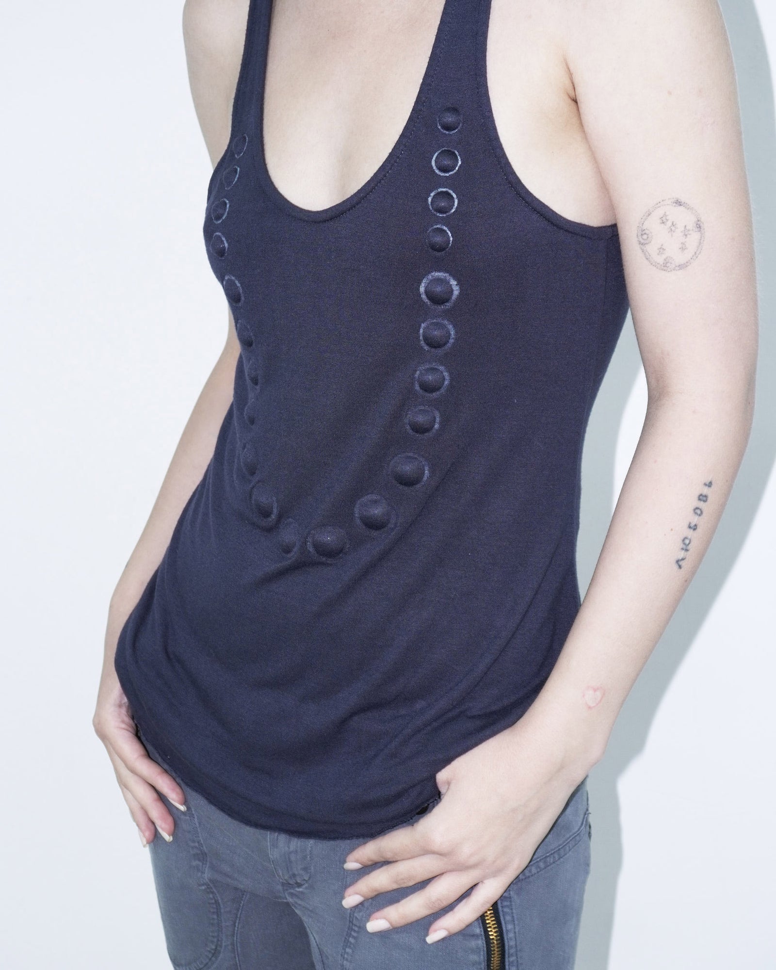loose navy blue tank top with  3D dots