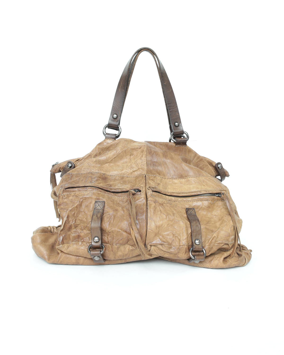 maxi brown multi pocket textured leather bag