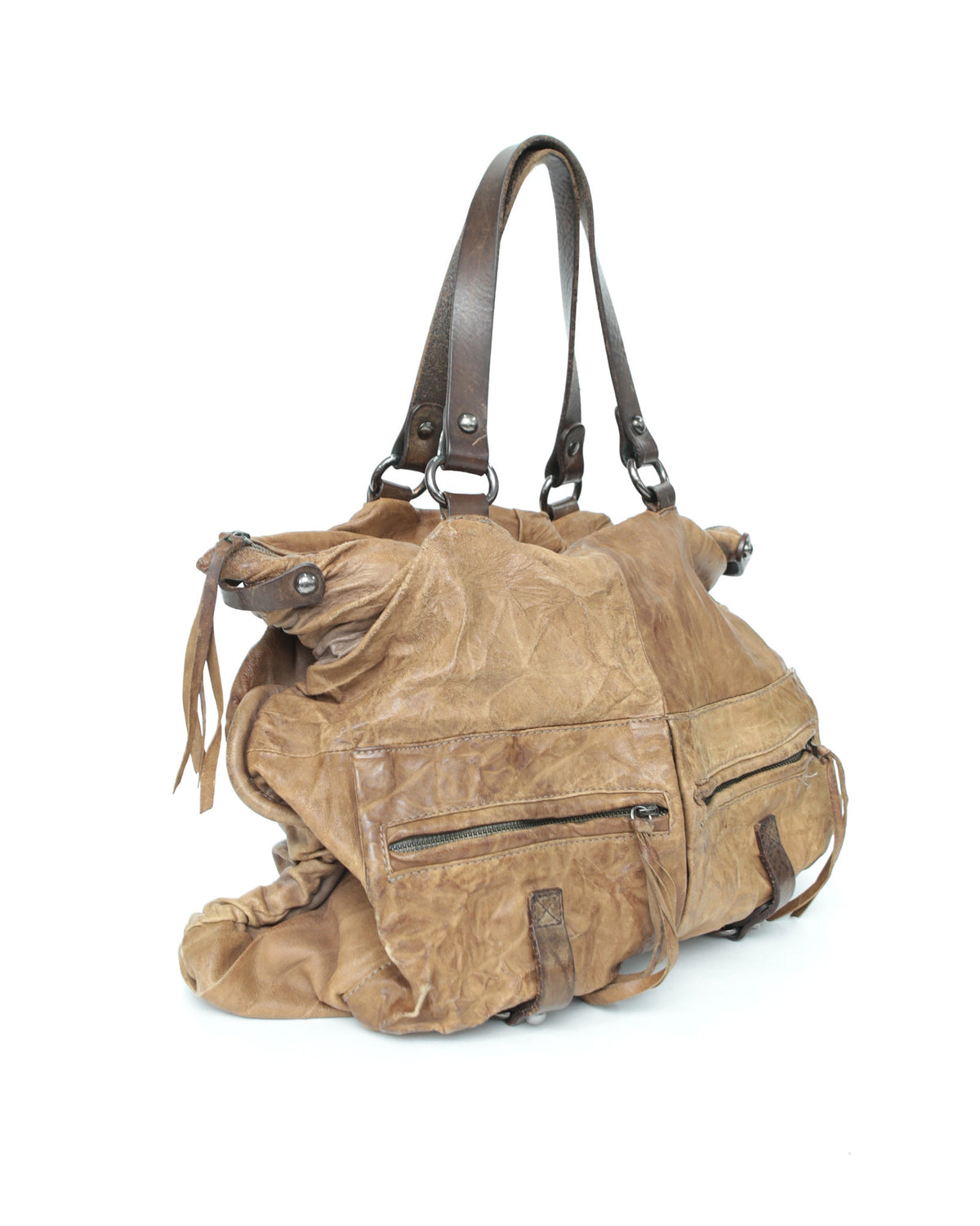 maxi brown multi pocket textured leather bag
