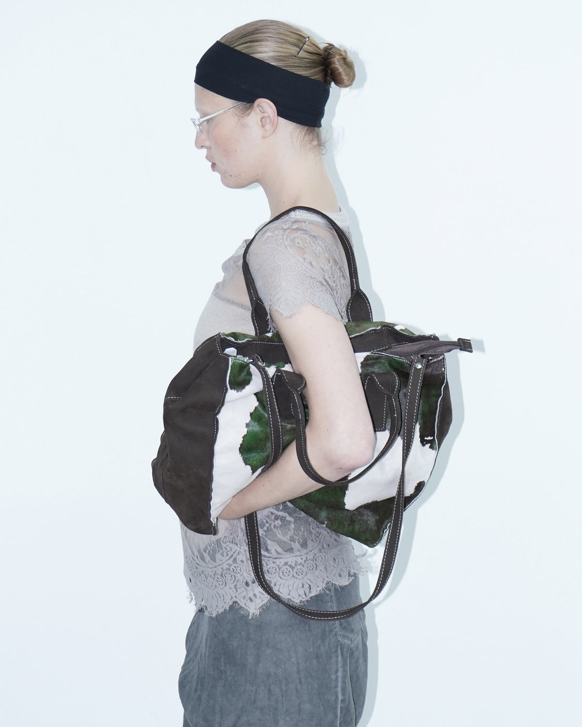 maxi green and white pony hair bag
