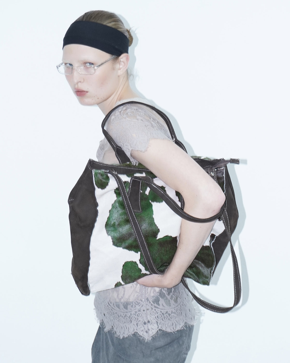 maxi green and white pony hair bag