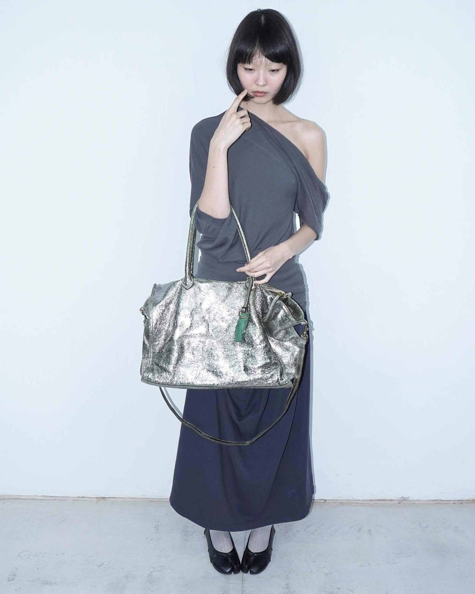 maxi metallic distressed leather bag
