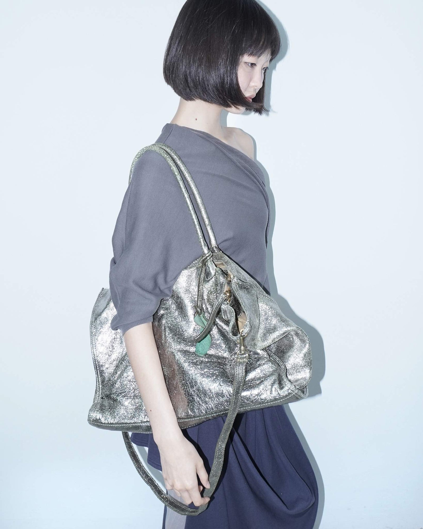 maxi metallic distressed leather bag