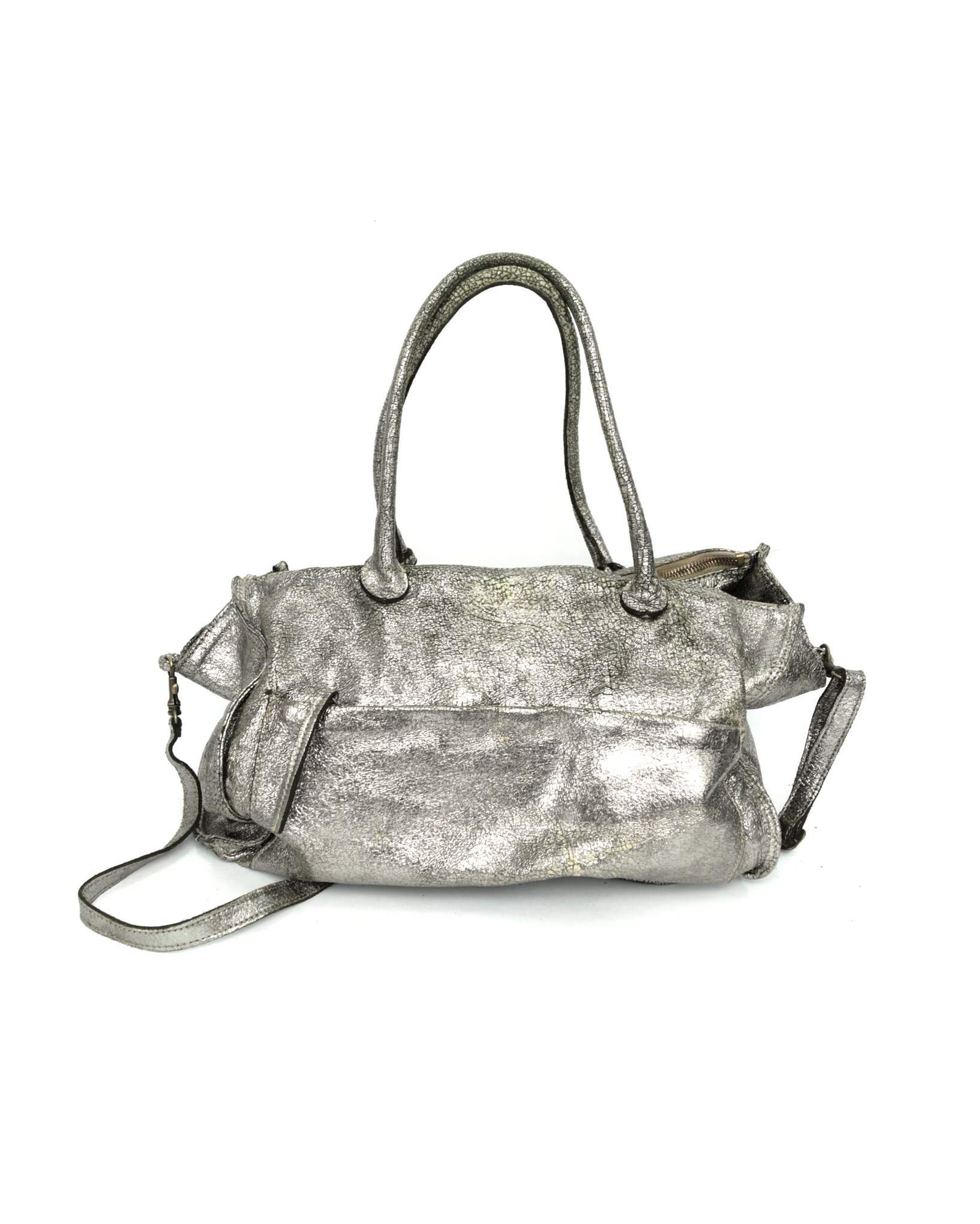 maxi metallic distressed leather bag