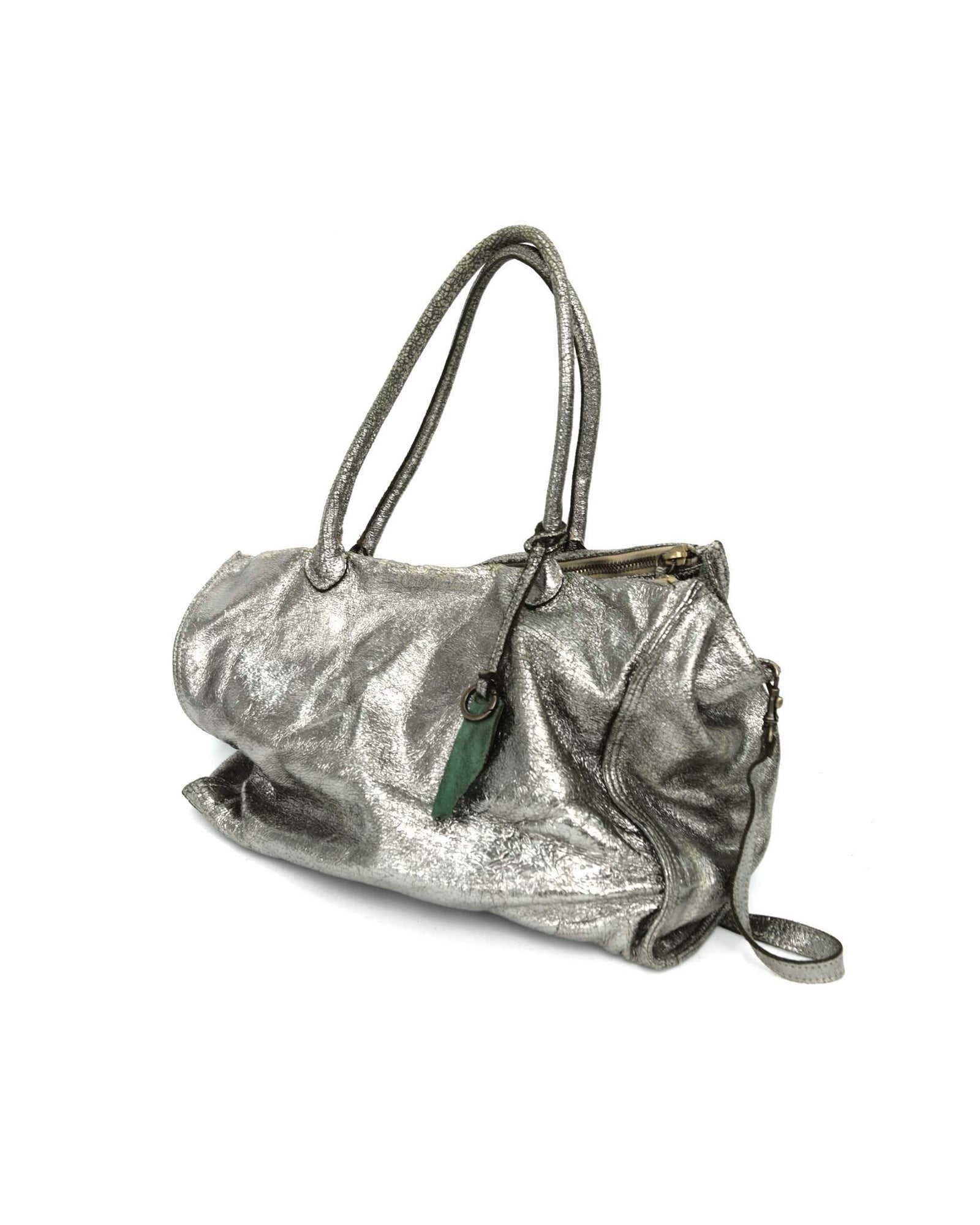 maxi metallic distressed leather bag