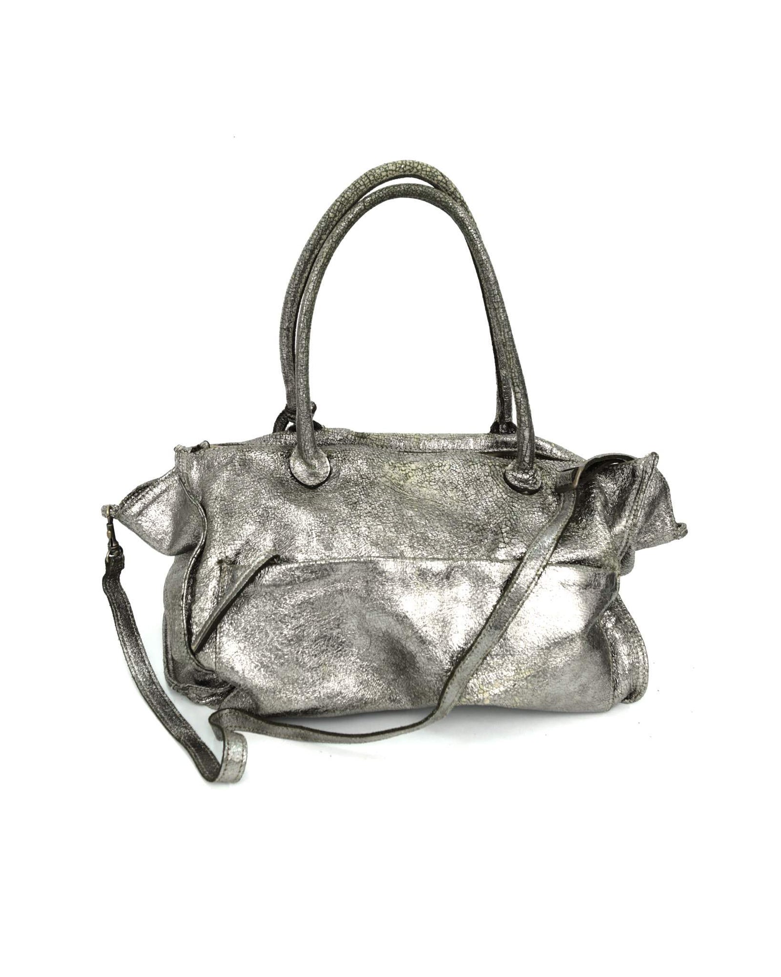 maxi metallic distressed leather bag
