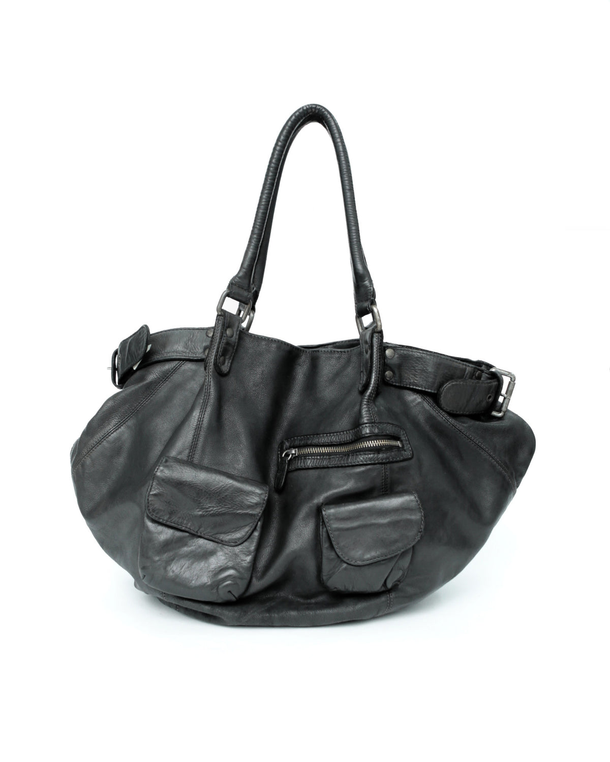 maxi multipocket black leather bag