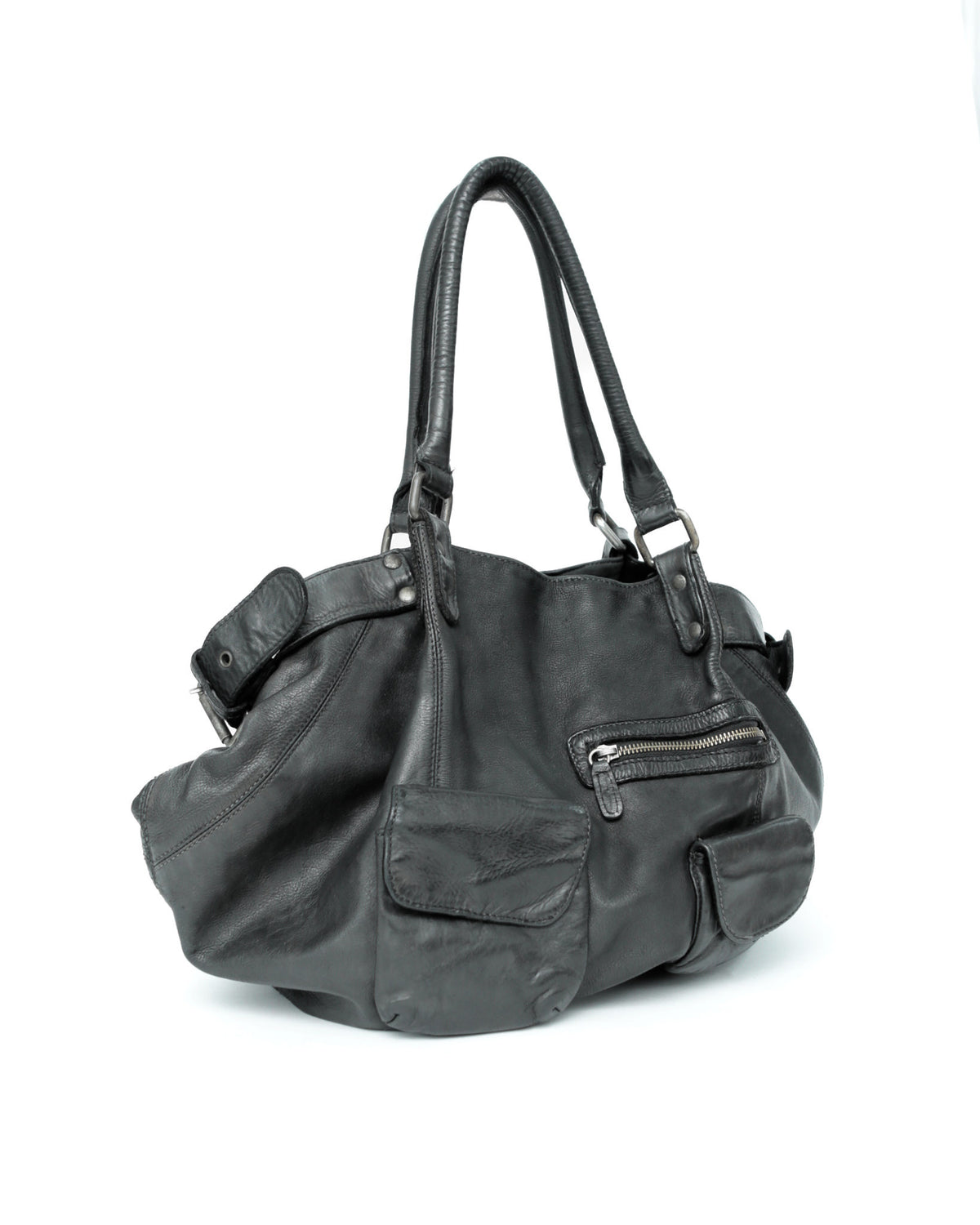 maxi multipocket black leather bag