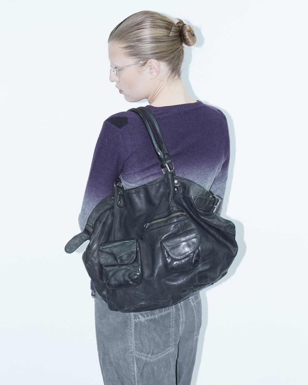 maxi multipocket black leather bag