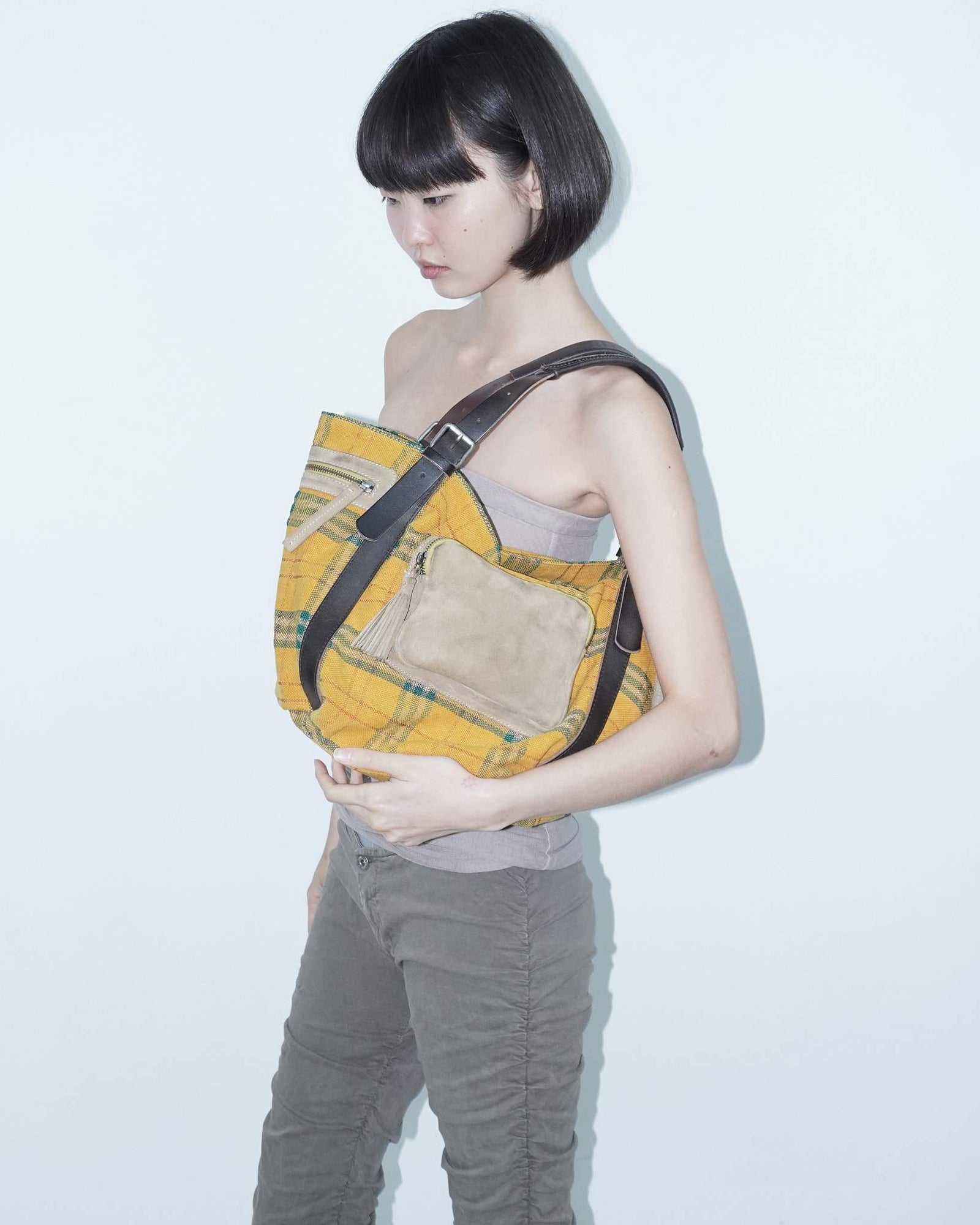 medium plaid bag with suede pockets