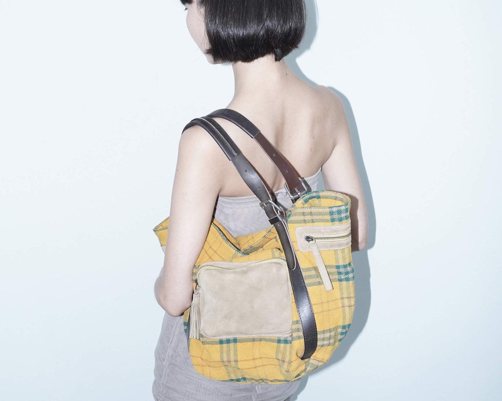 medium plaid bag with suede pockets