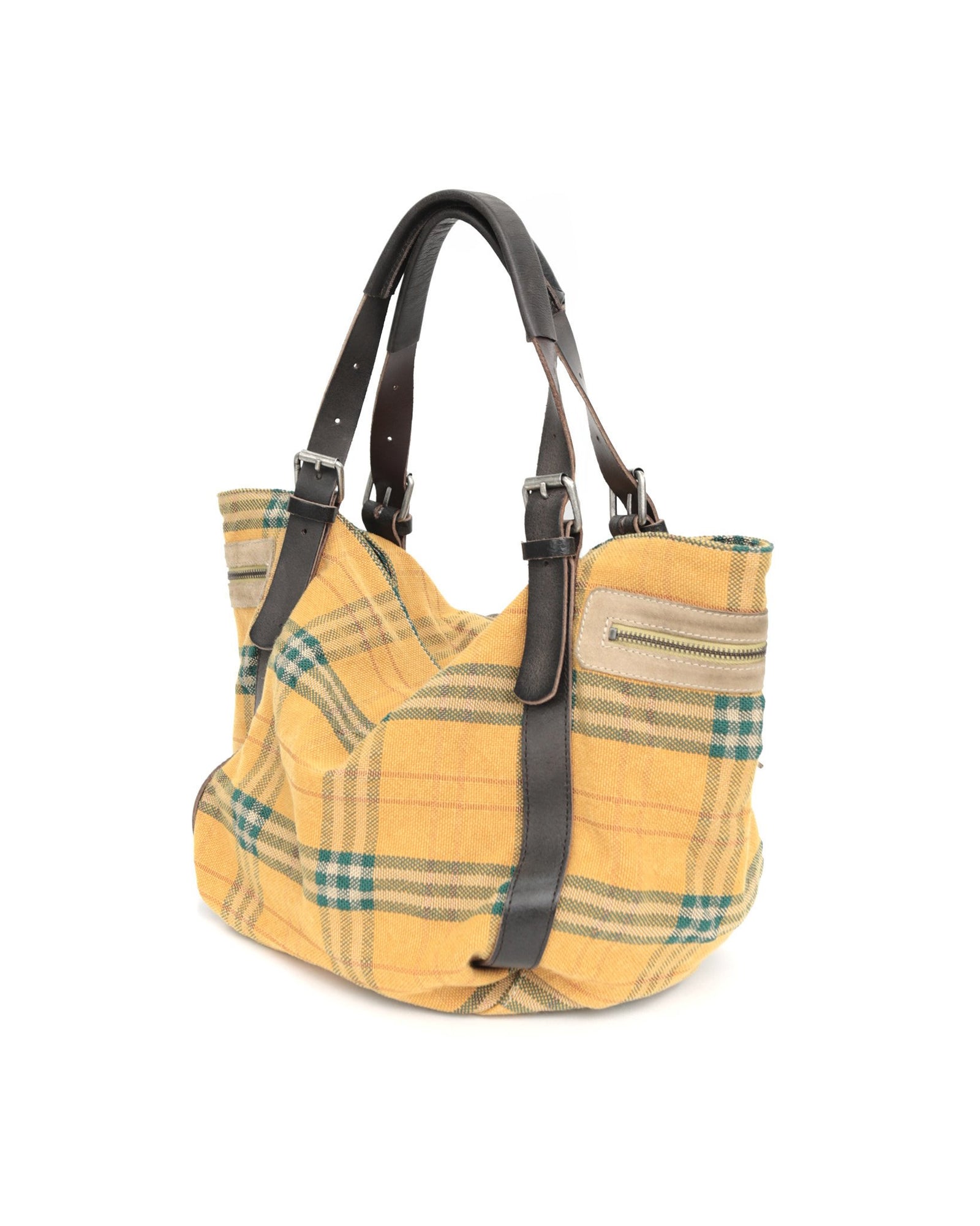 medium plaid bag with suede pockets