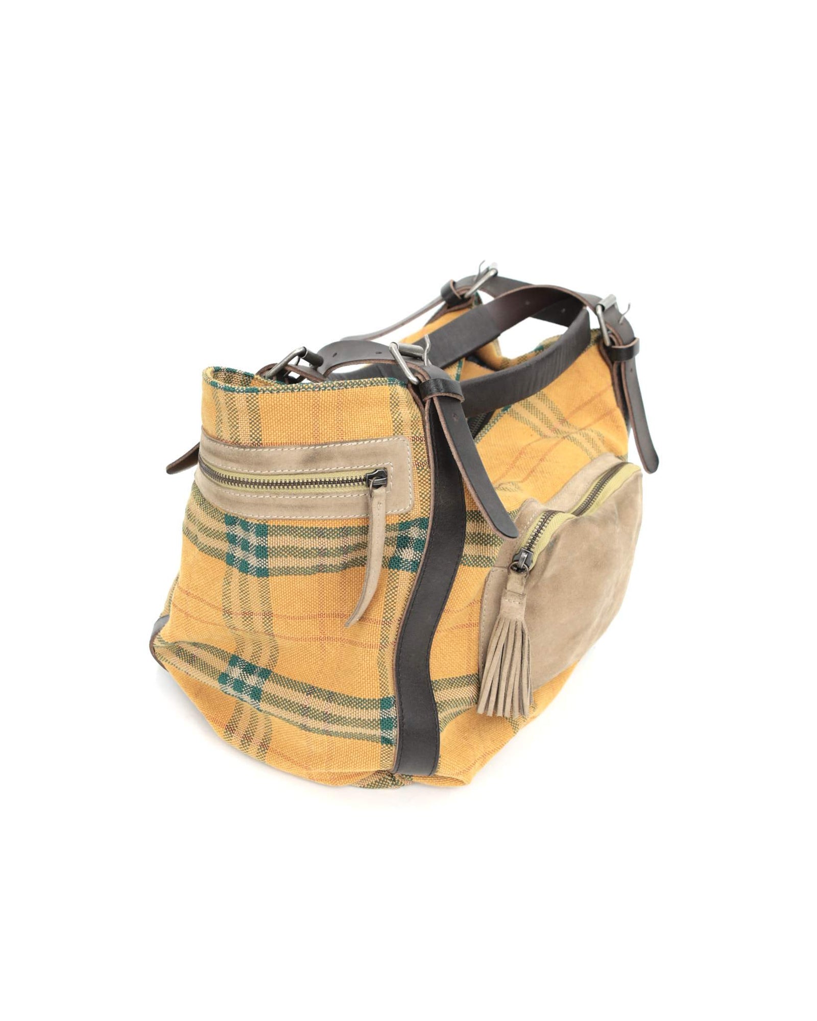 medium plaid bag with suede pockets