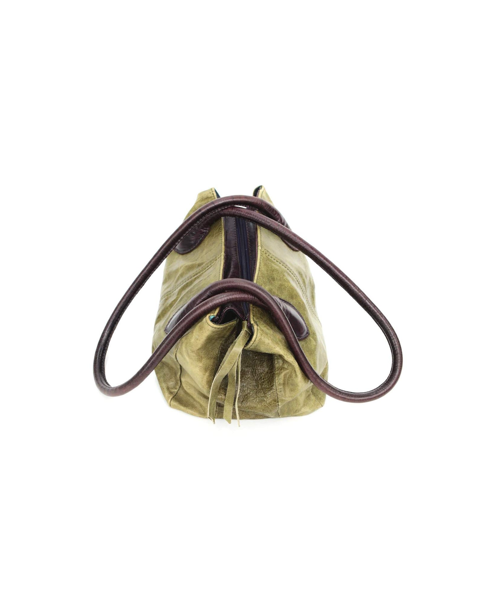 medium sage green and aubergine leather bag