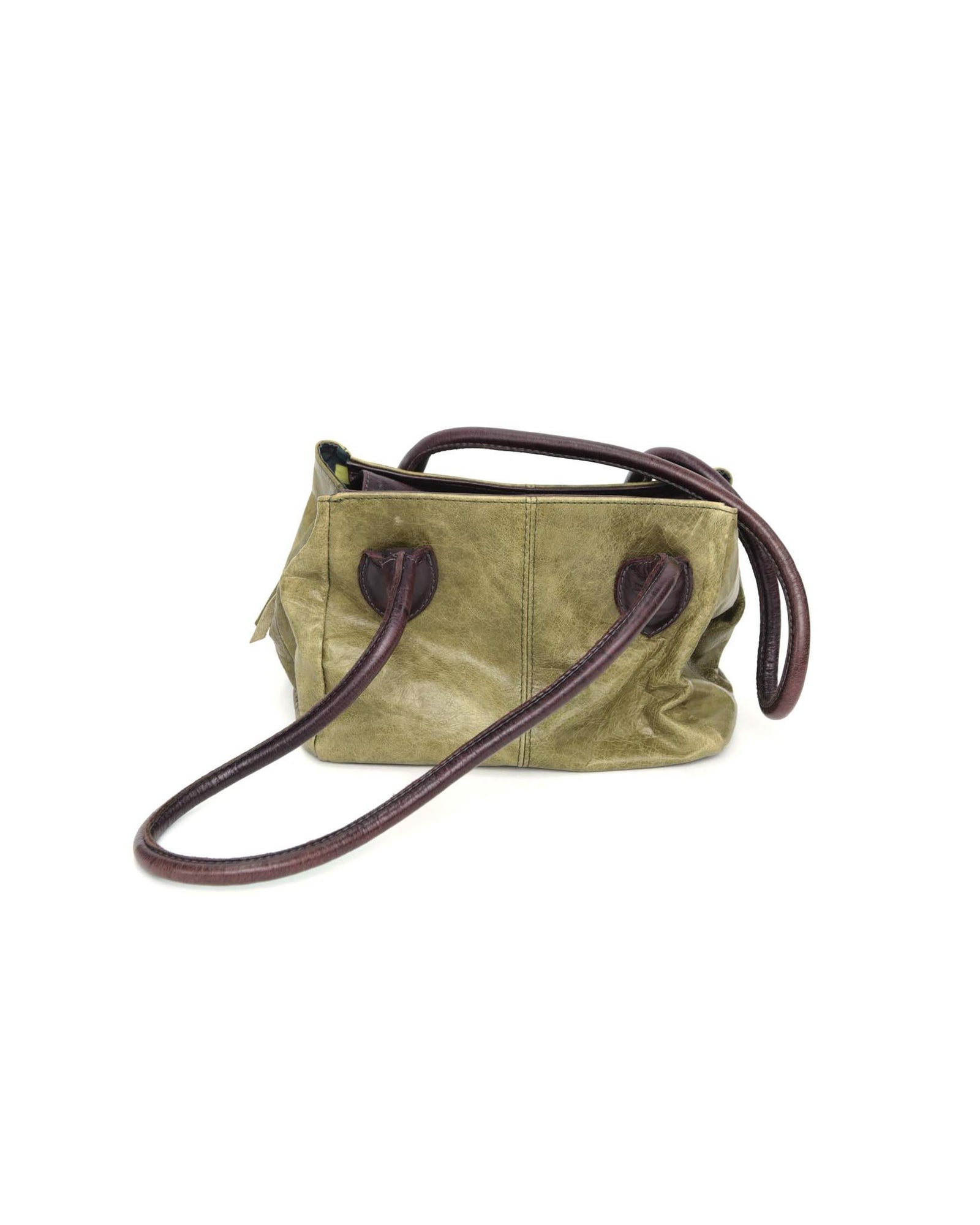 medium sage green and aubergine leather bag