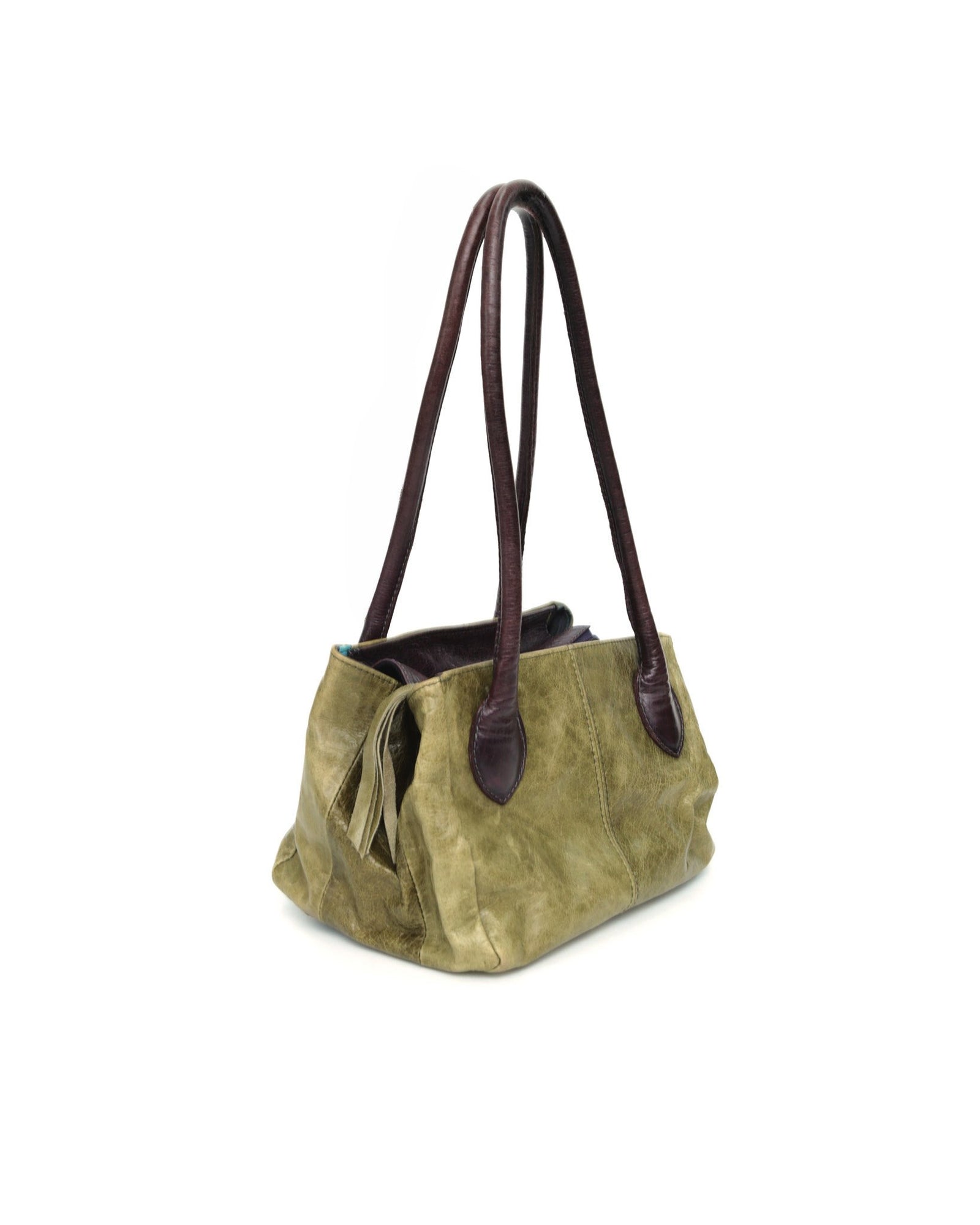 medium sage green and aubergine leather bag