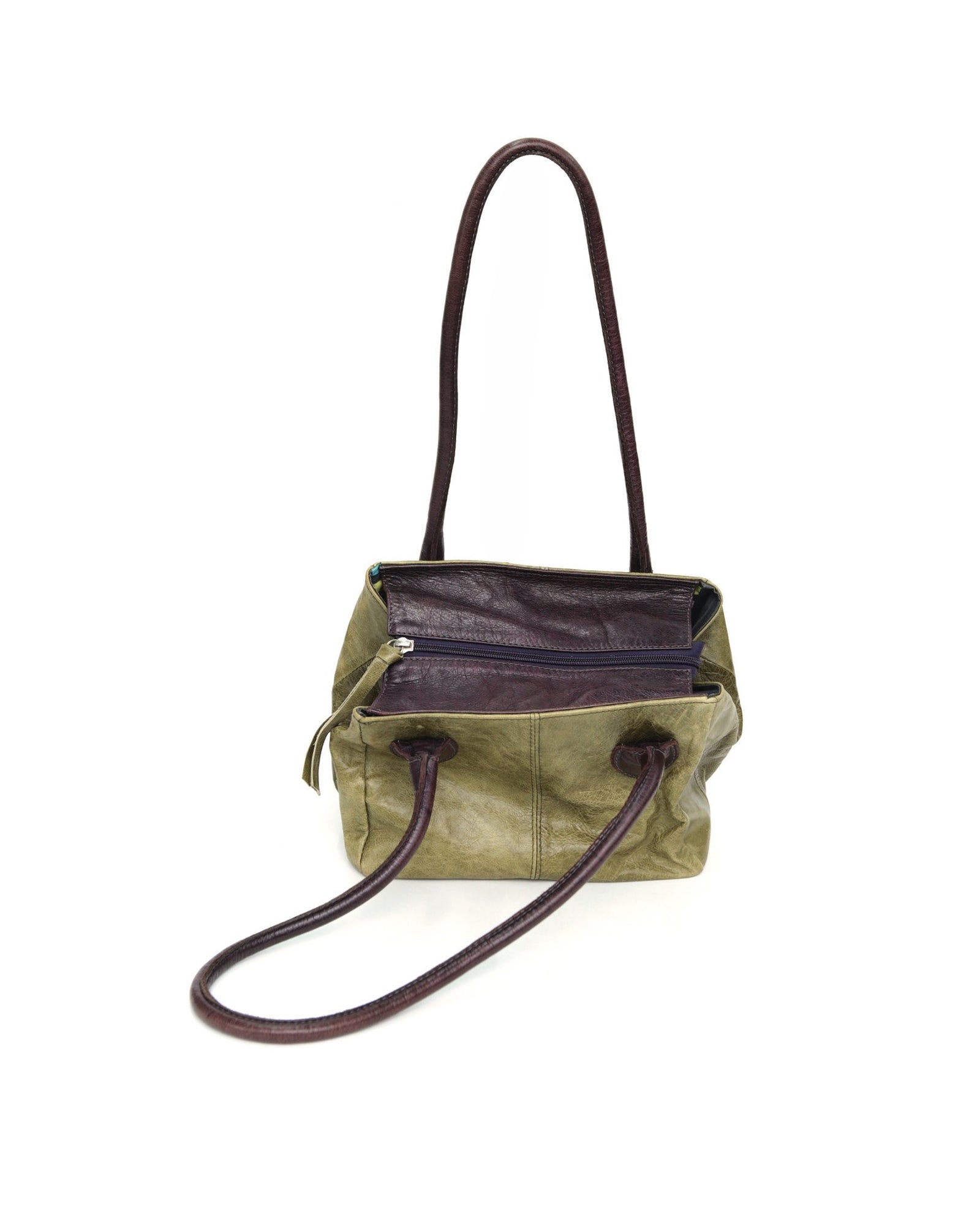 medium sage green and aubergine leather bag