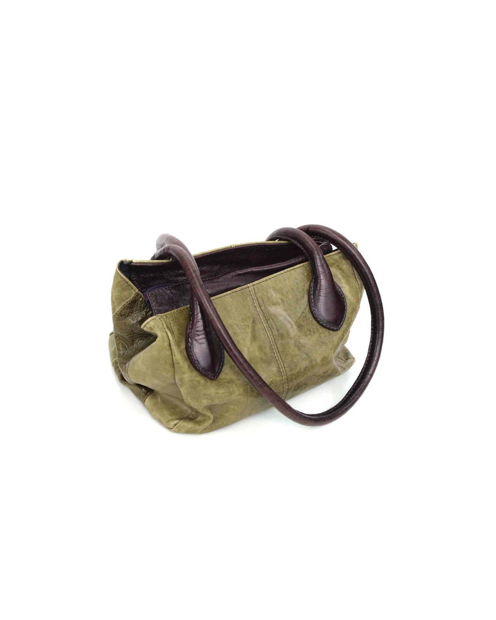 medium sage green and aubergine leather bag