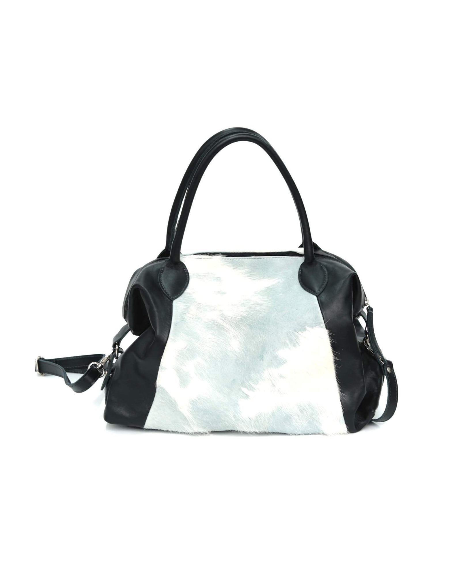 medium soft blue and white pony hair and black leather bag