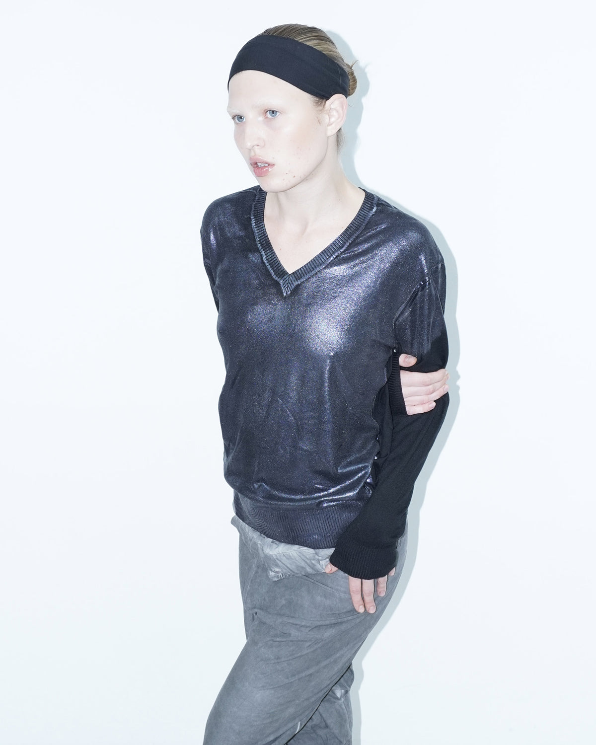 metallic blue top