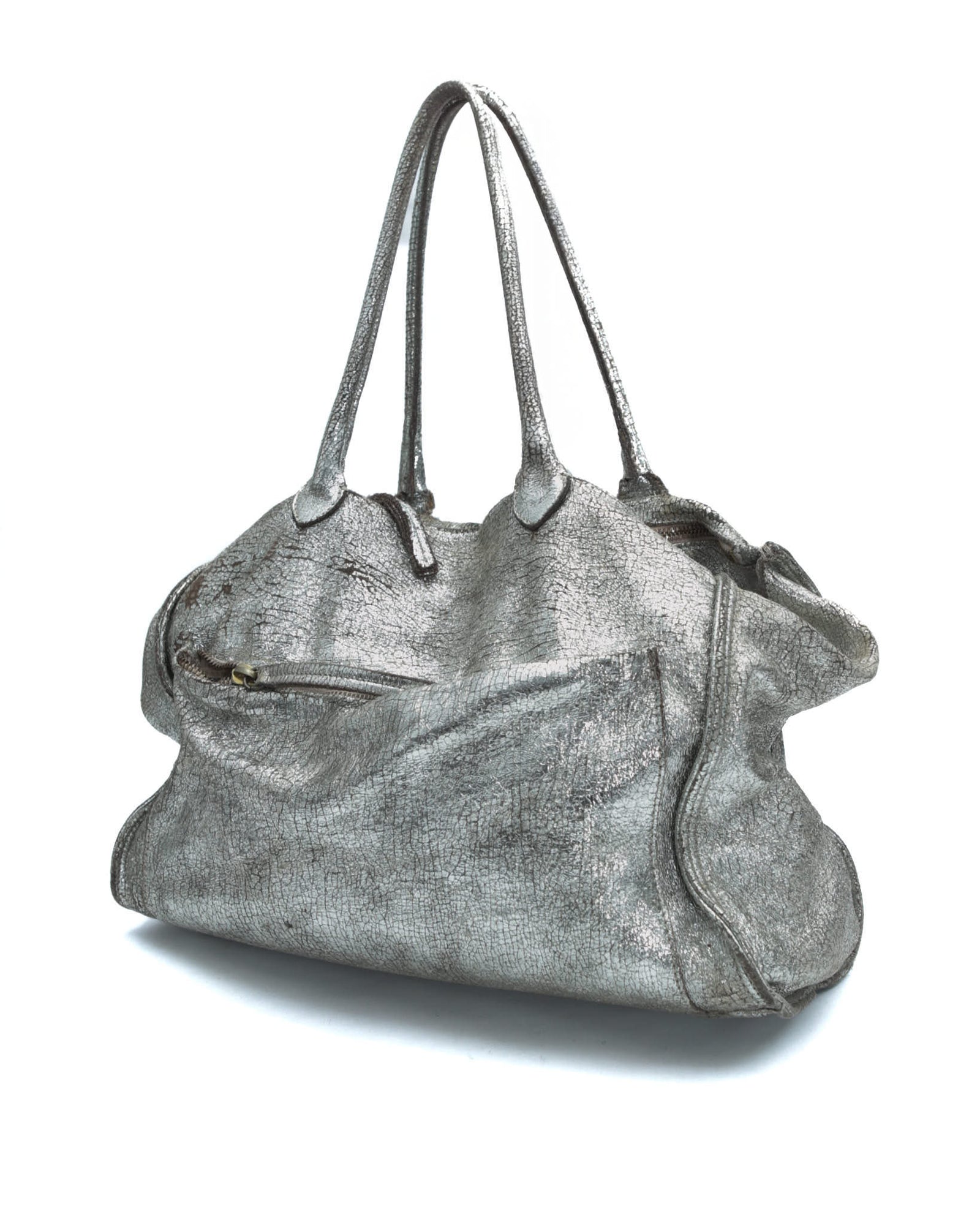 metallic cracked silver leather tote bag