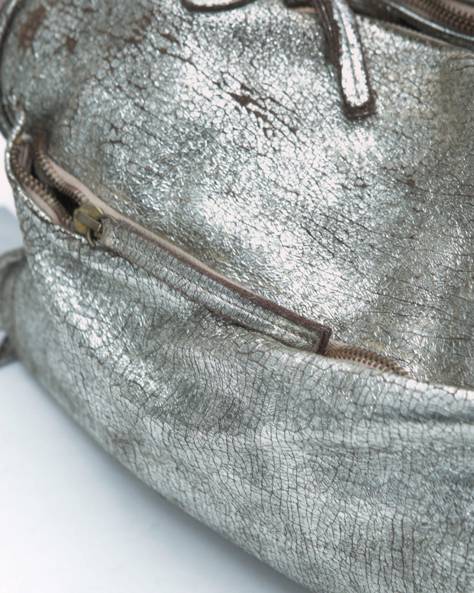 metallic cracked silver leather tote bag