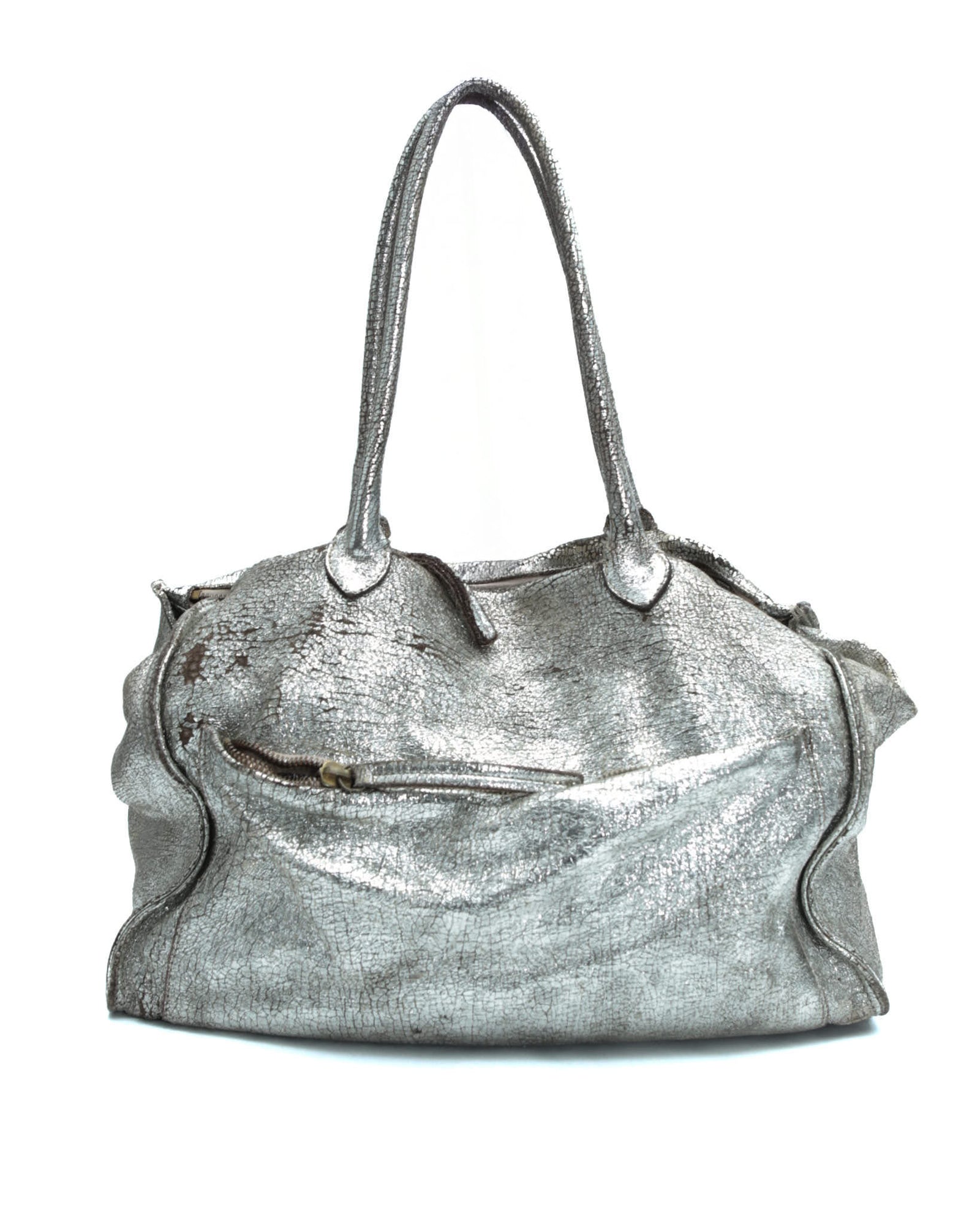 metallic cracked silver leather tote bag