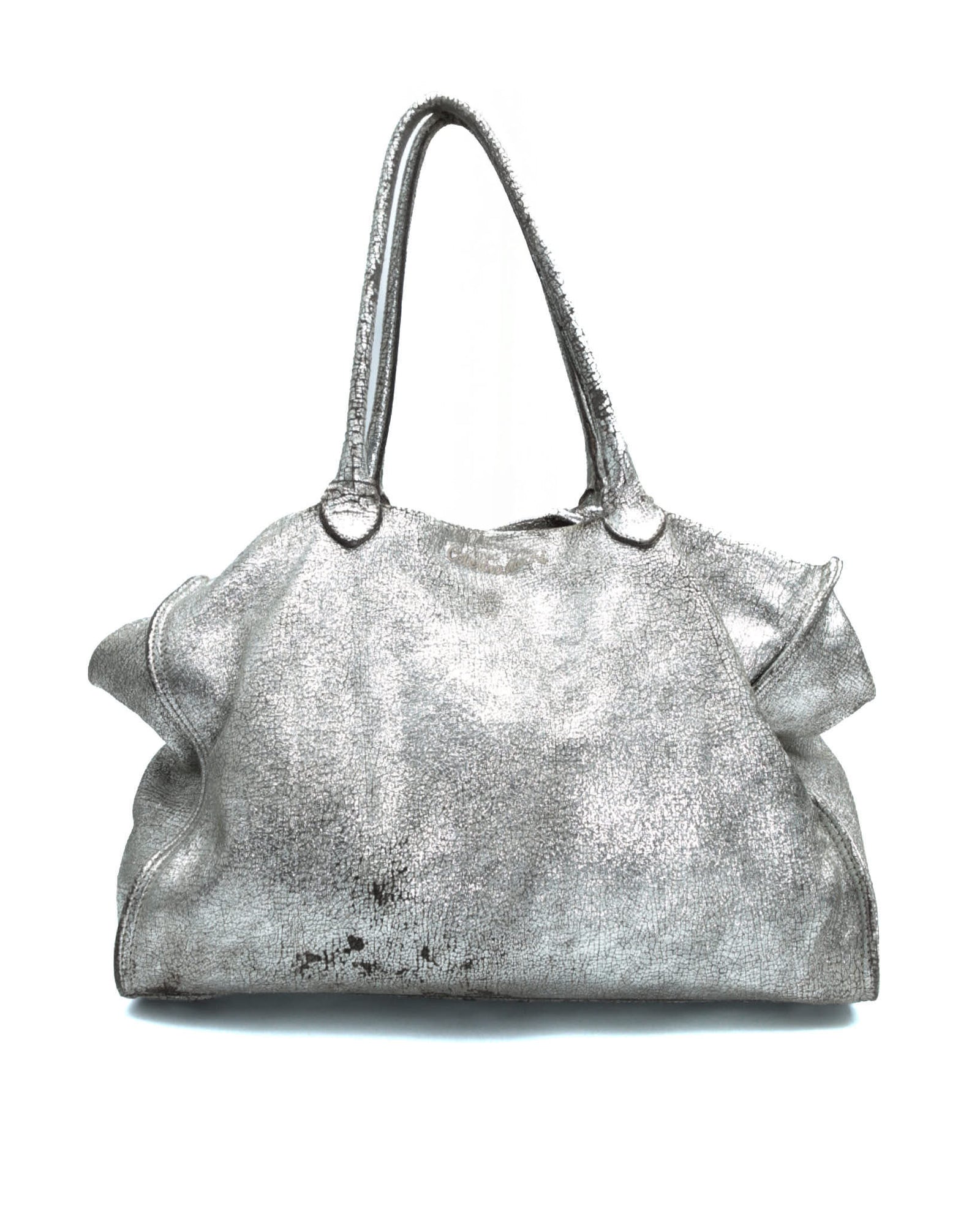 metallic cracked silver leather tote bag