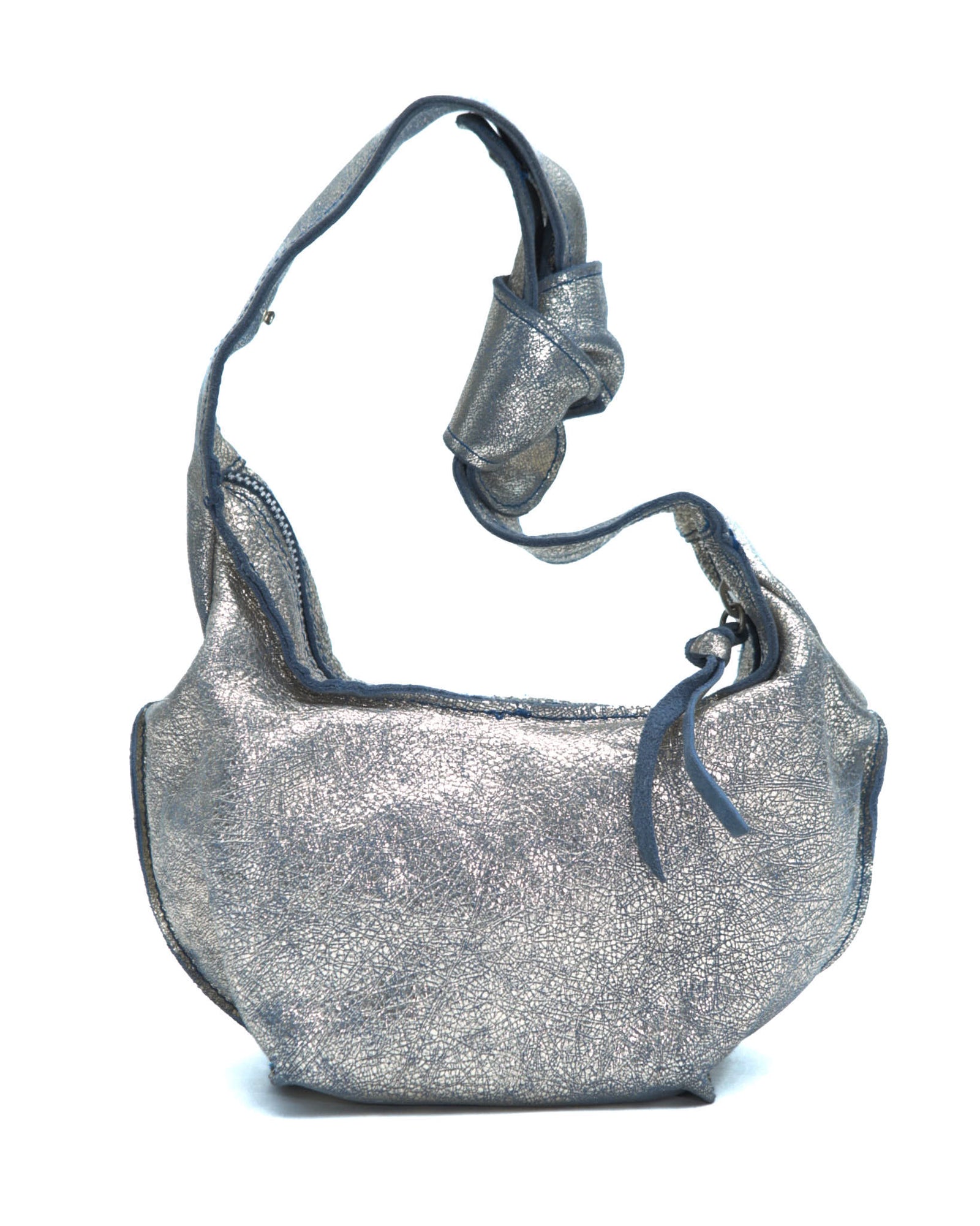 metallic silver knot handle shoulder bag
