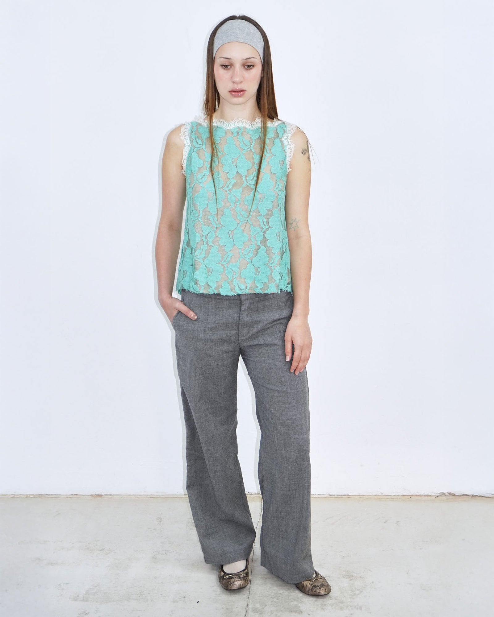 mint and nude layered lace top