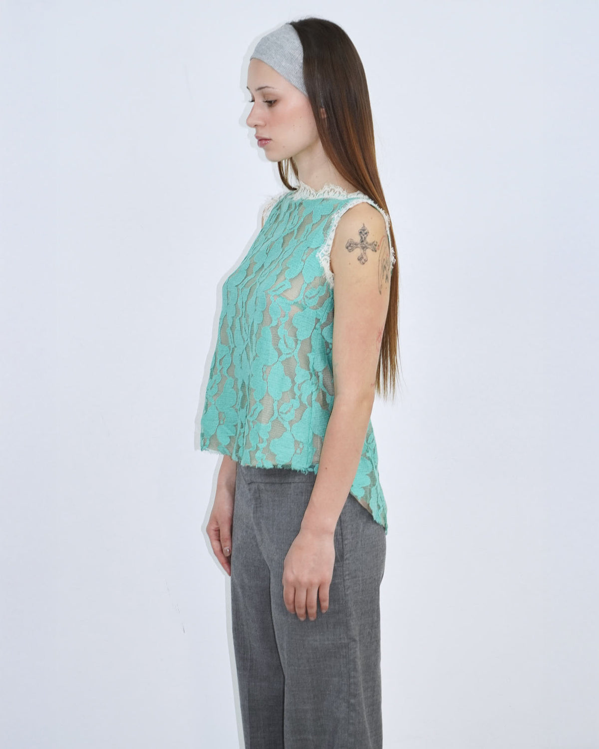 mint and nude layered lace top