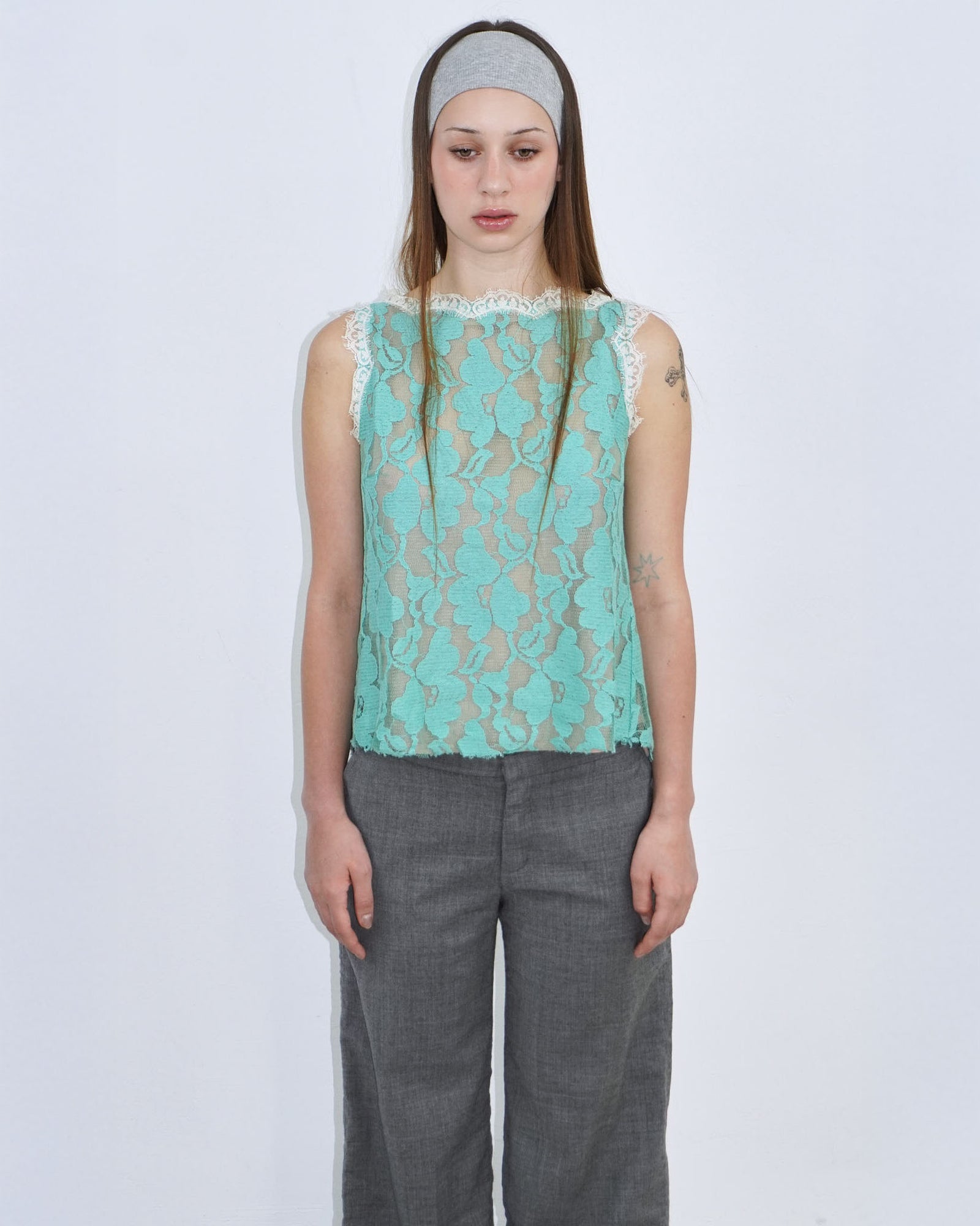 mint and nude layered lace top