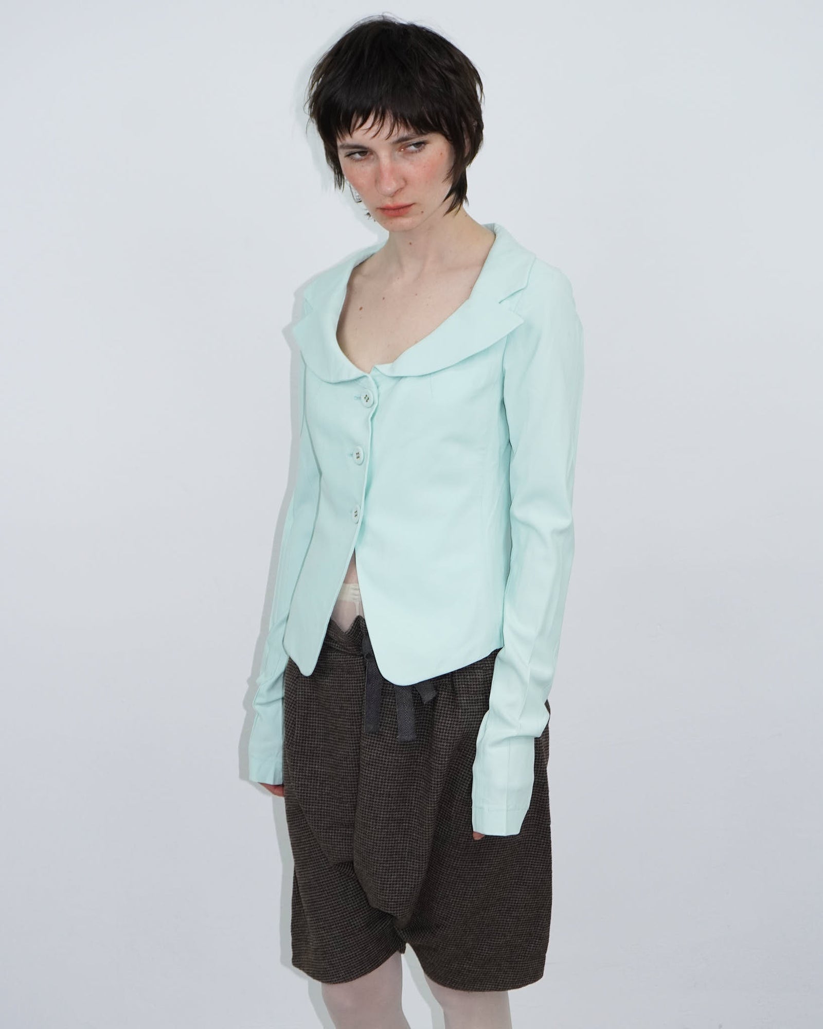 mint blazer with wide neckline