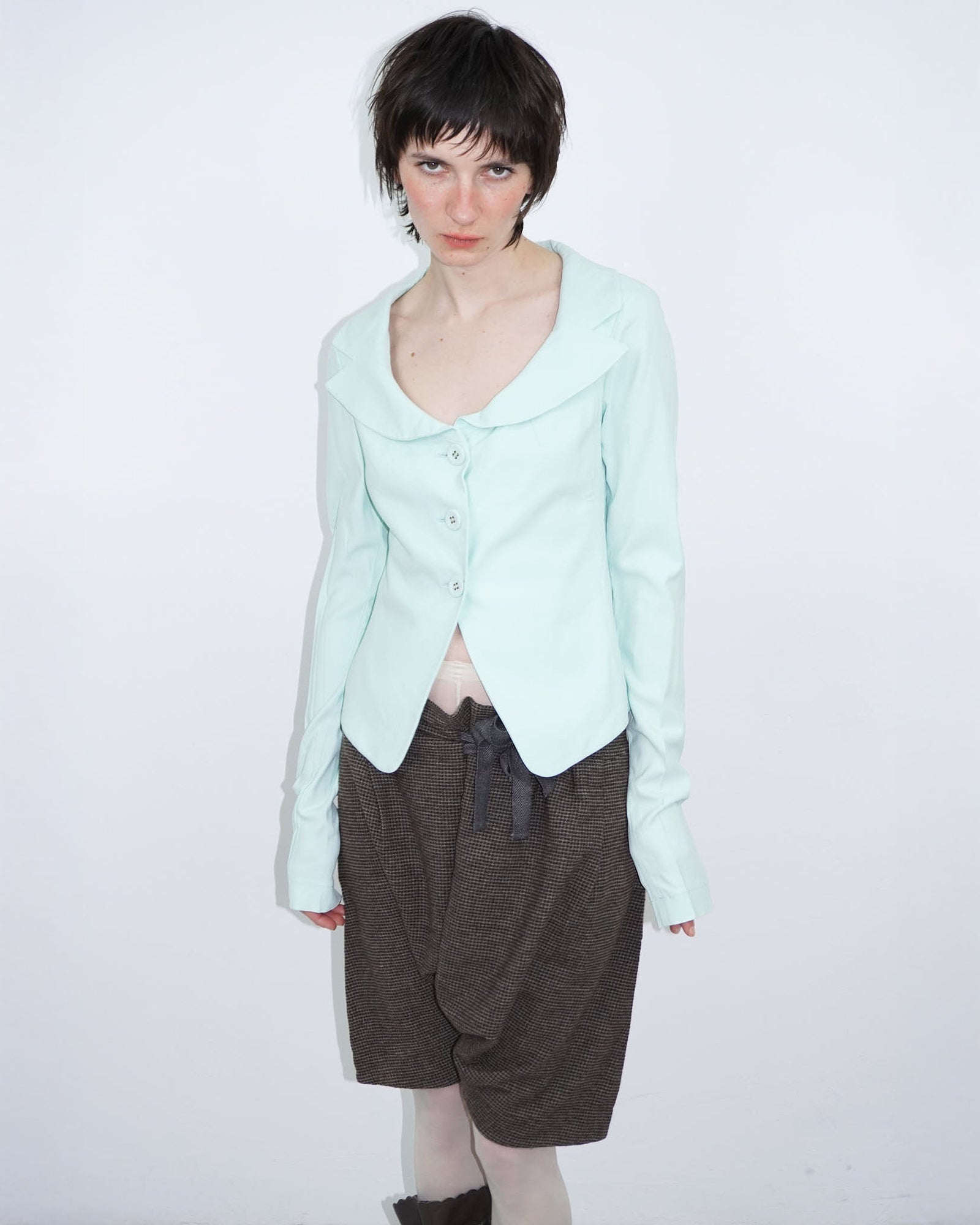 mint blazer with wide neckline