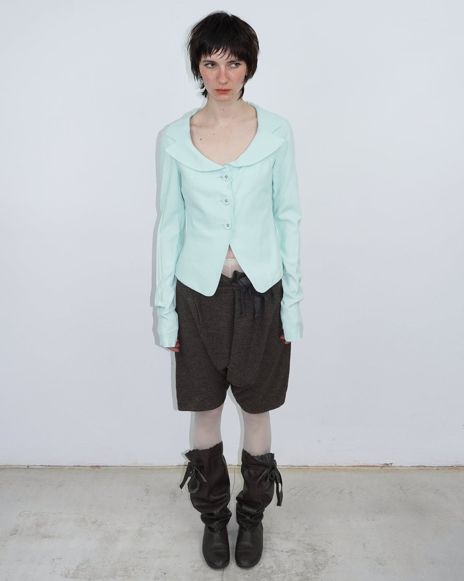 mint blazer with wide neckline