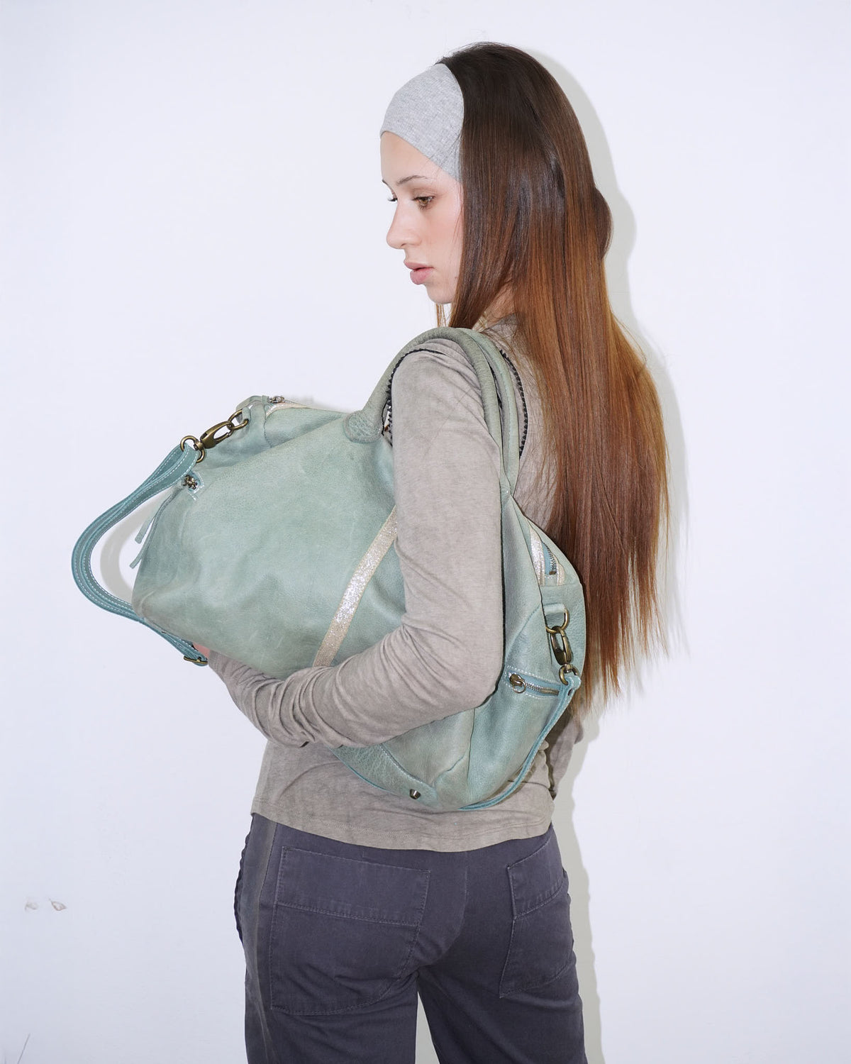 mint green leather duffle bag