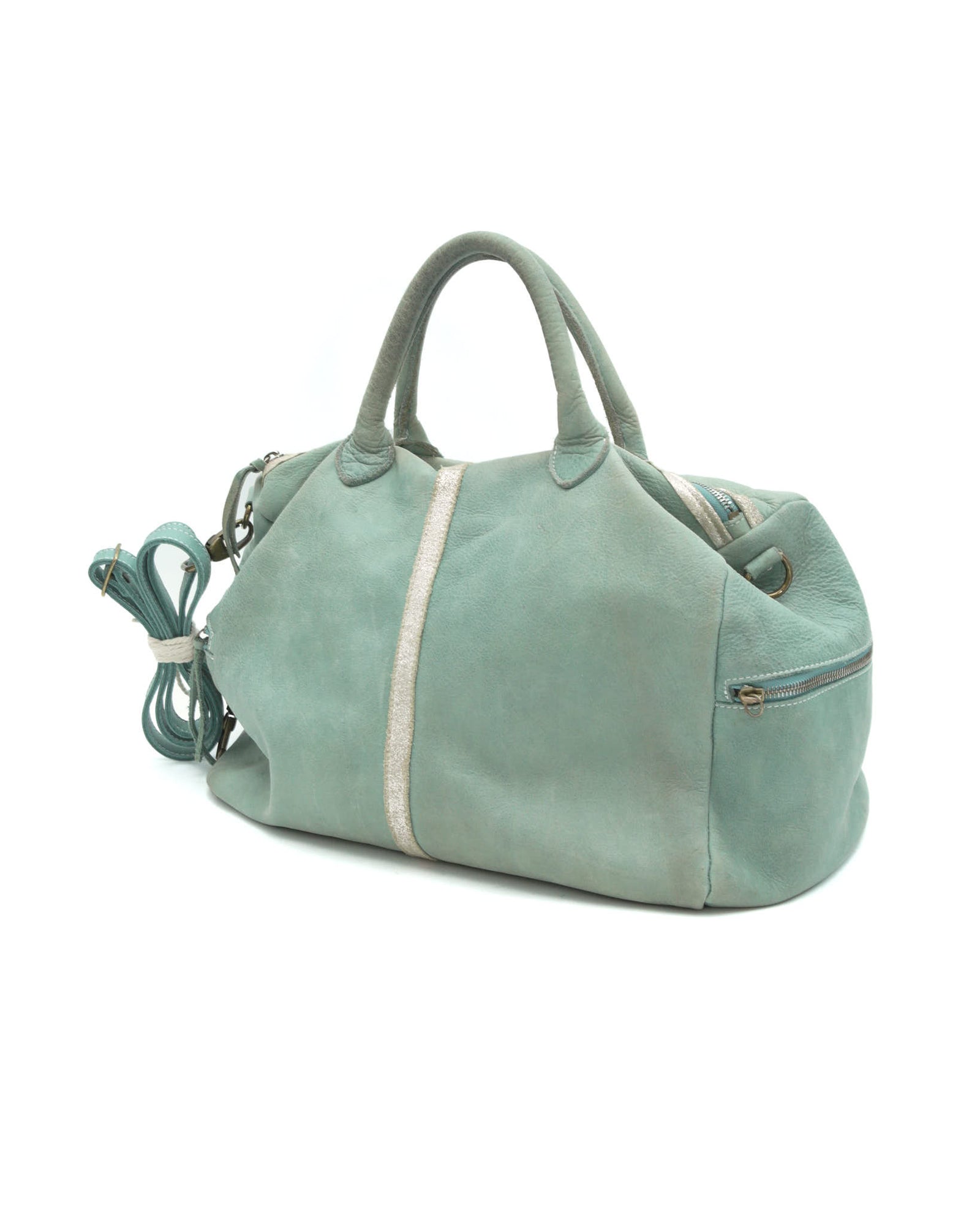 mint green leather duffle bag