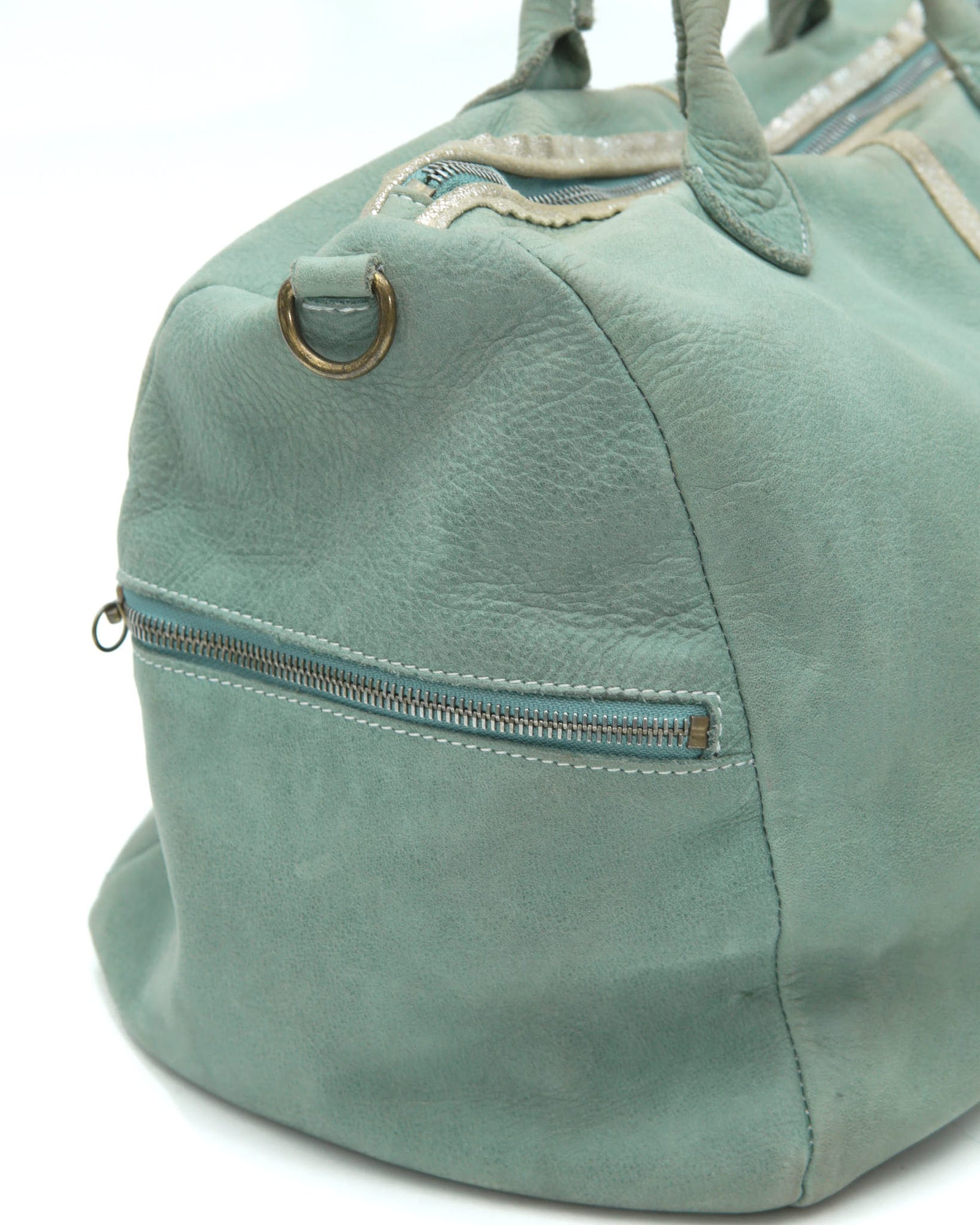mint green leather duffle bag