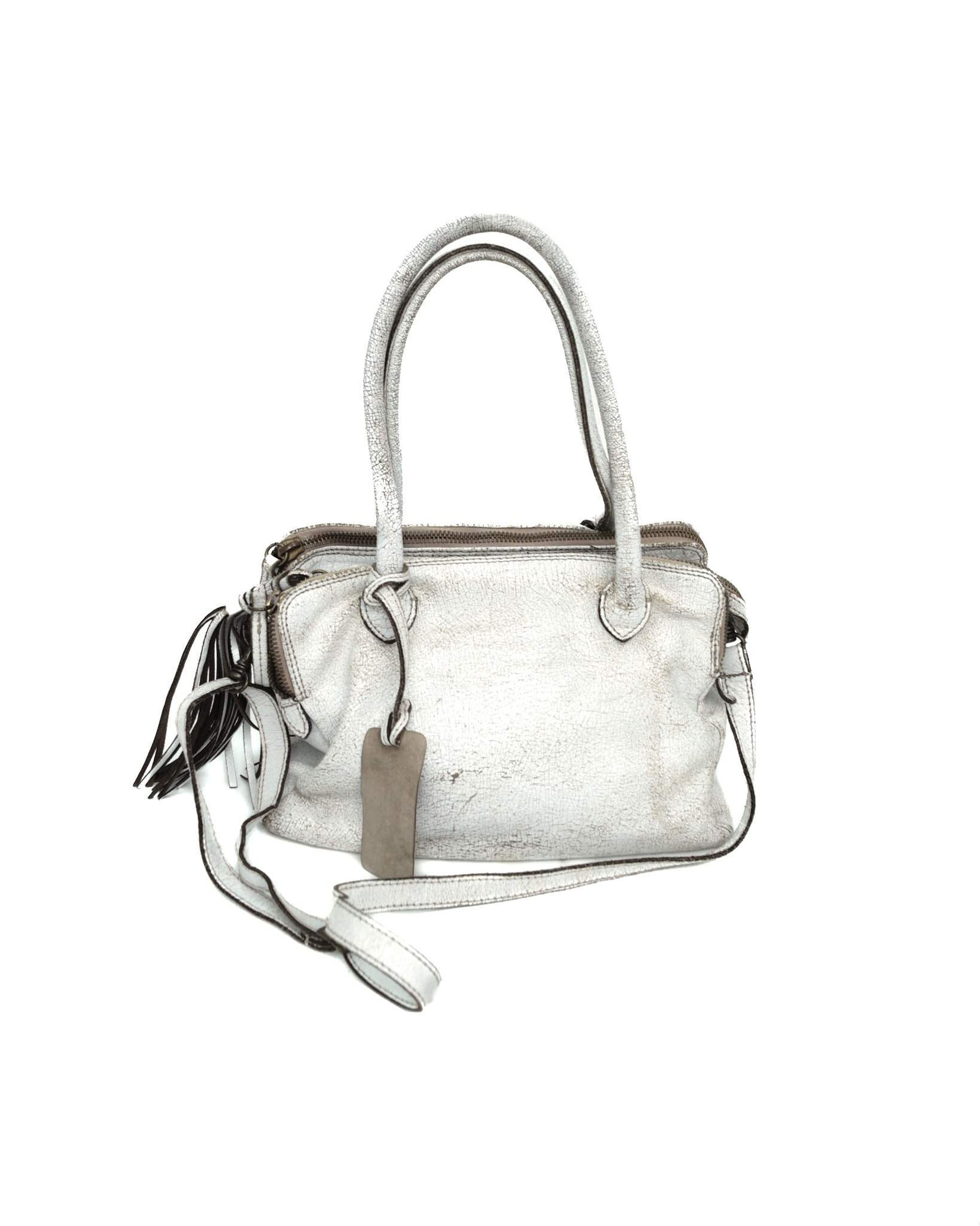 multi zipper distressed white leather bag