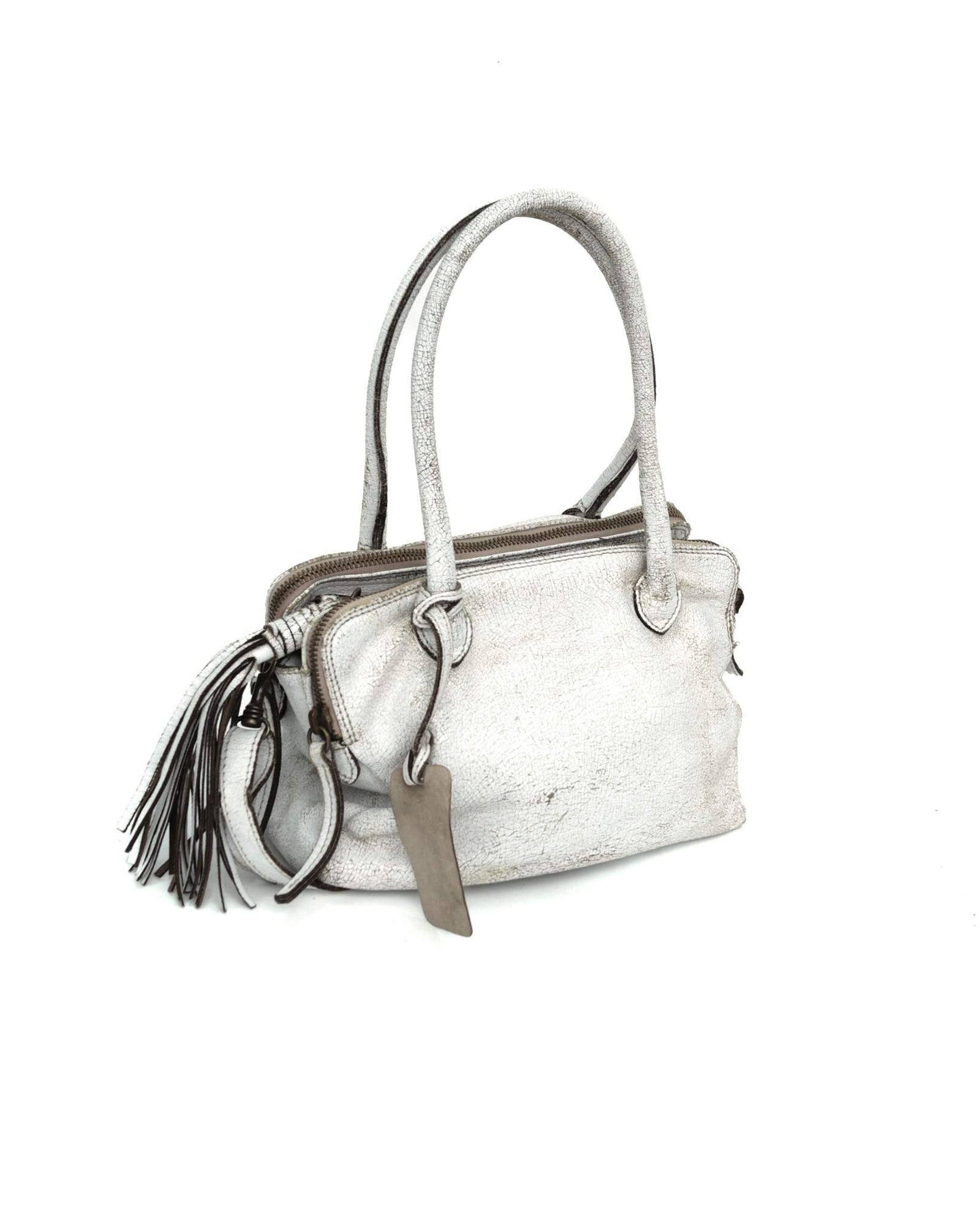 multi zipper distressed white leather bag
