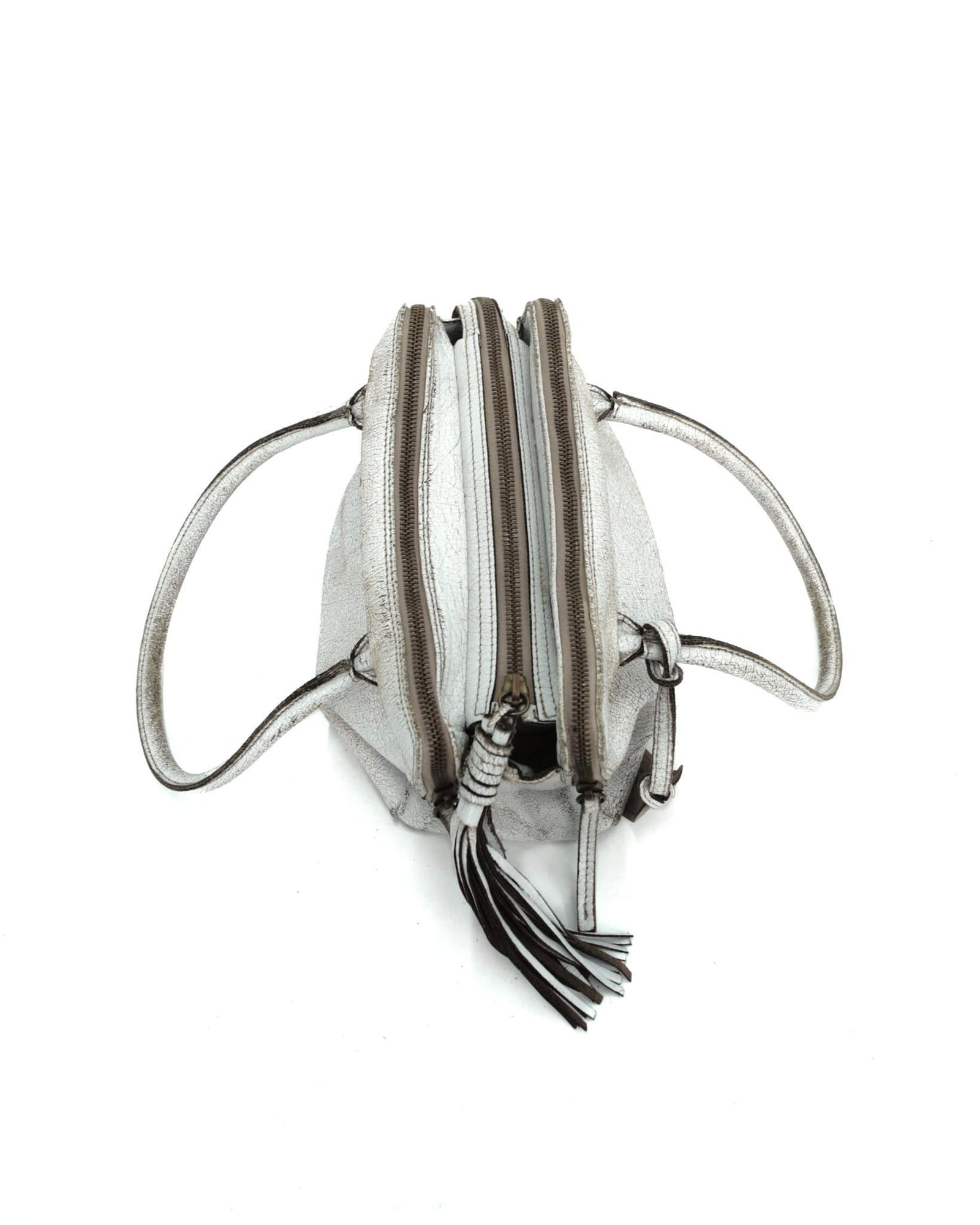 multi zipper distressed white leather bag