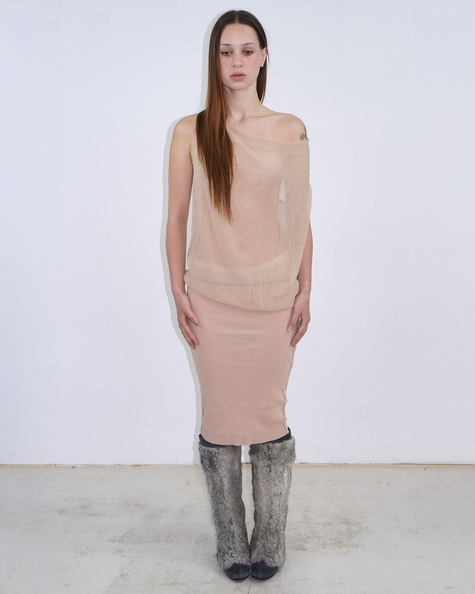 nude silk dress with waterfall neckline