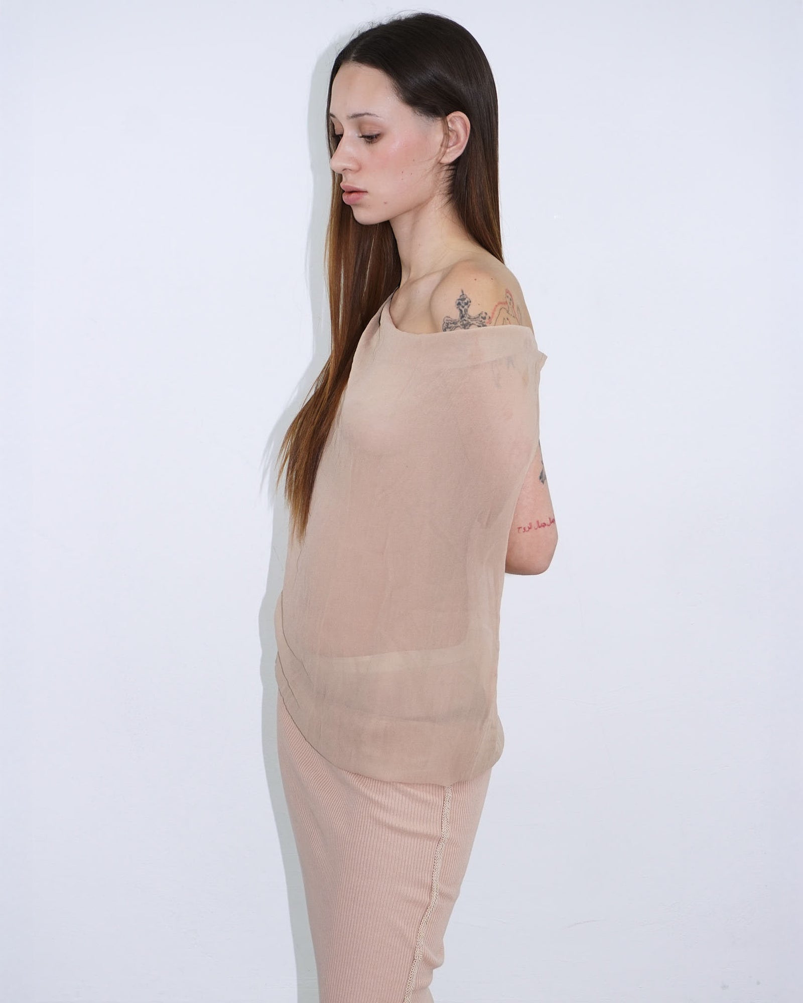 nude silk dress with waterfall neckline