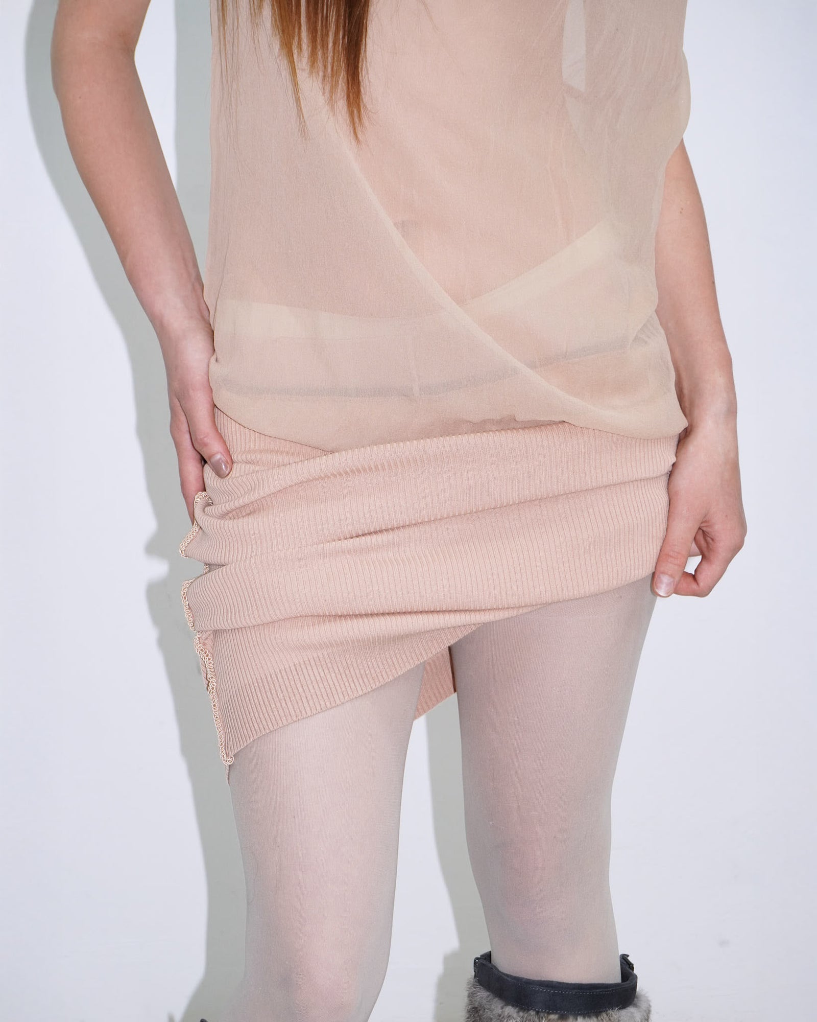 nude silk dress with waterfall neckline