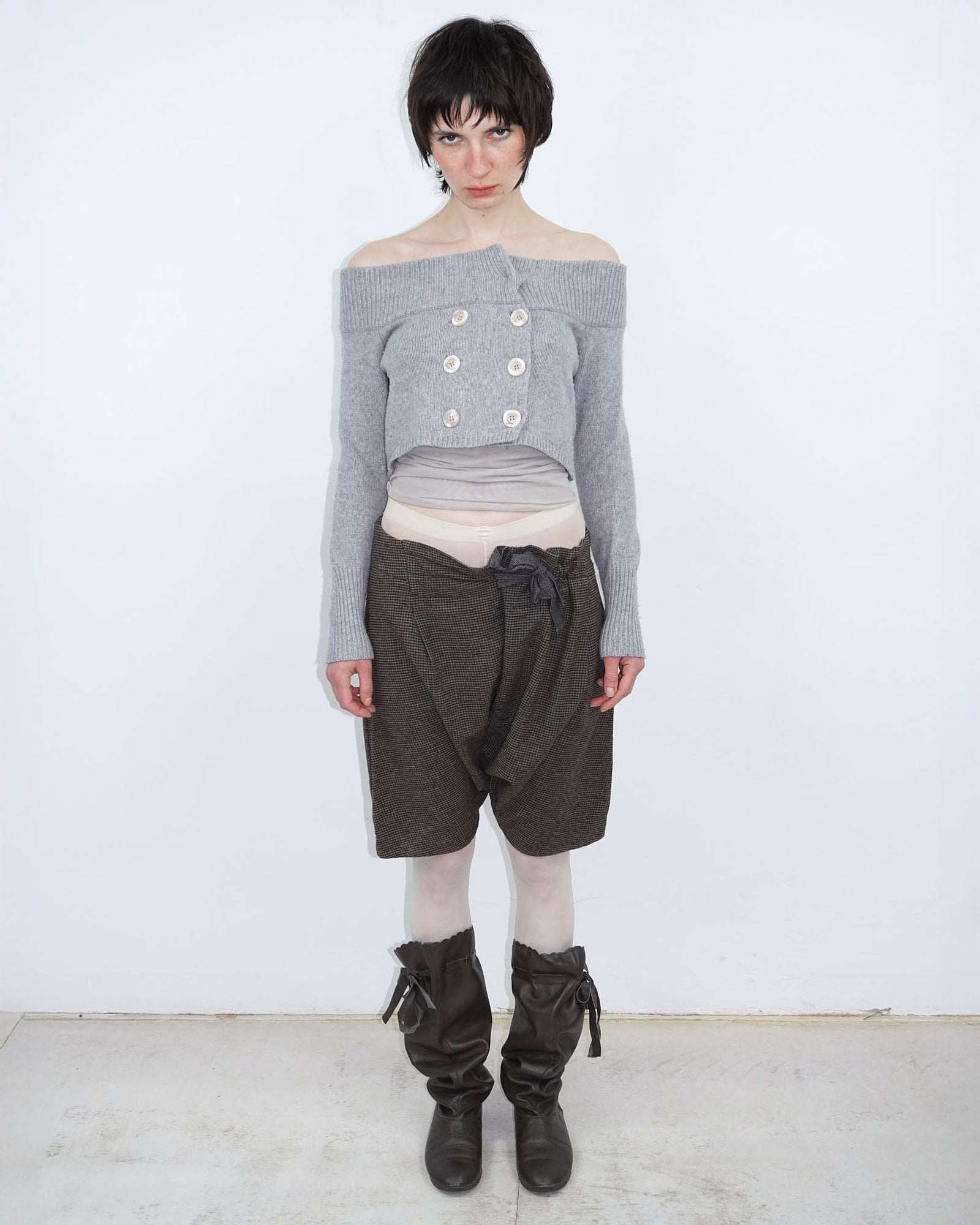 off-shoulder cropped knit top with buttons