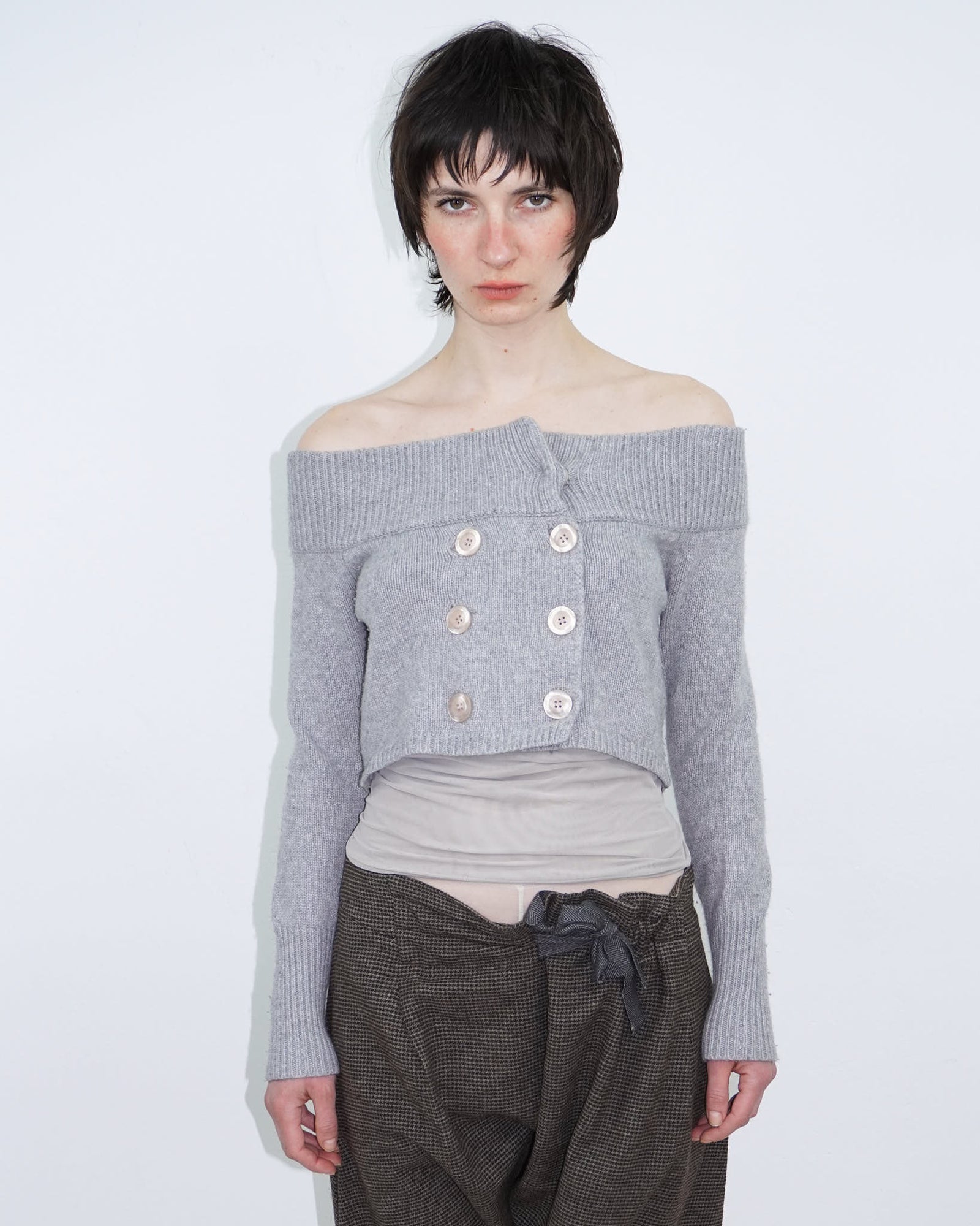 off-shoulder cropped knit top with buttons