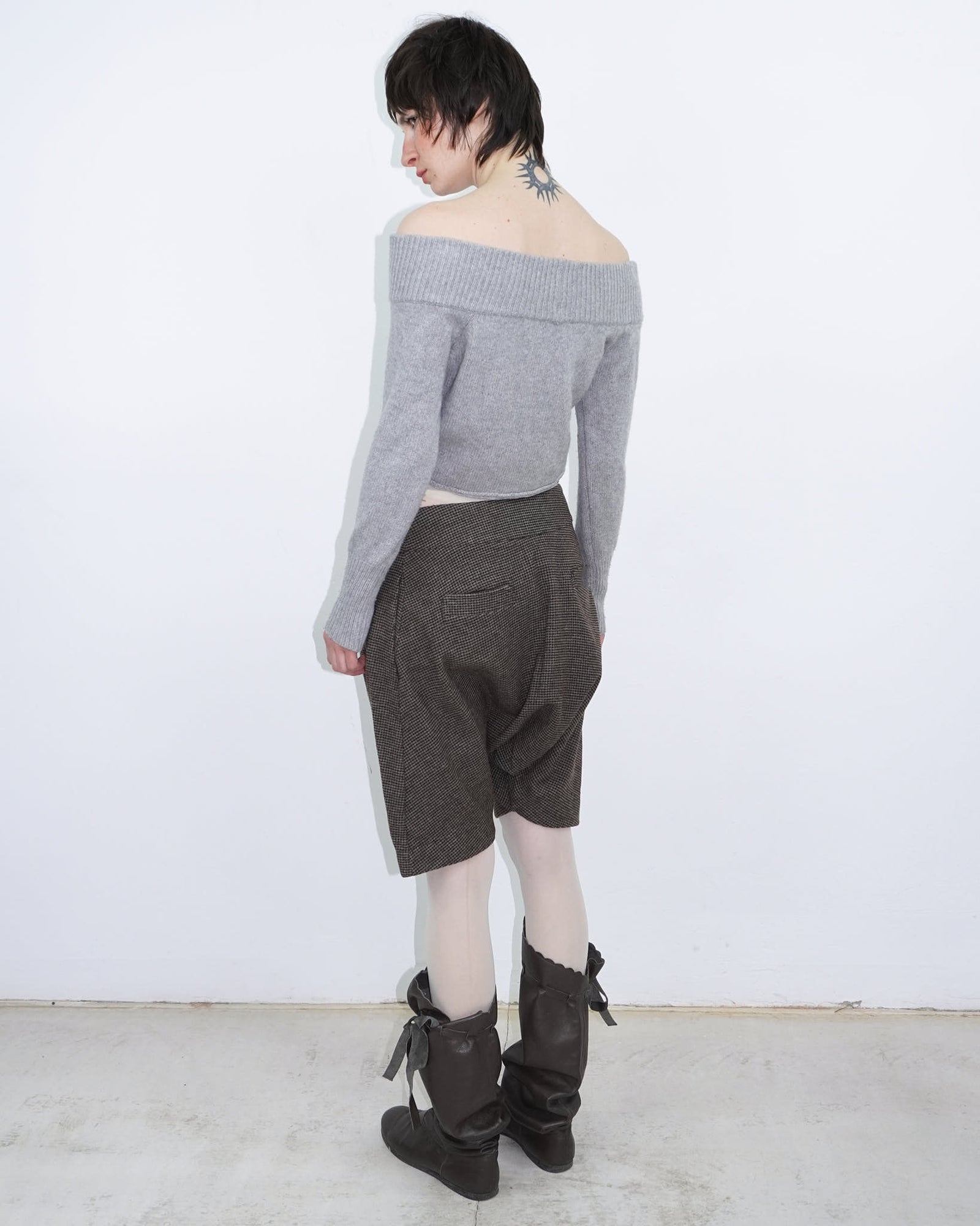 off-shoulder cropped knit top with buttons