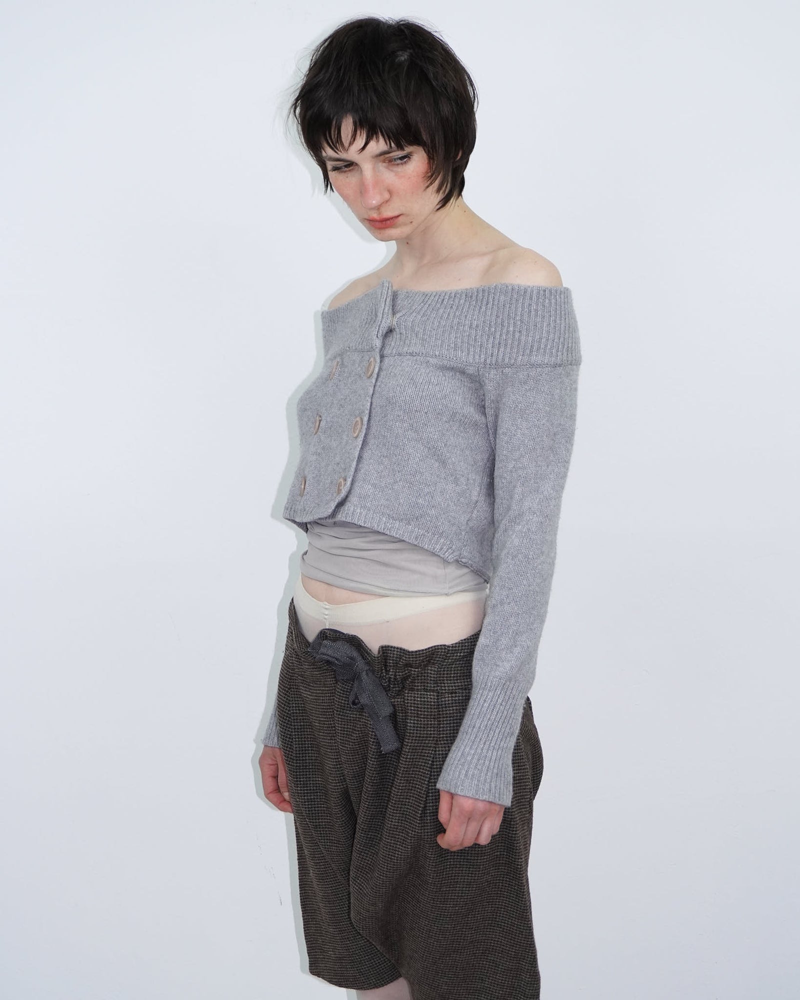 off-shoulder cropped knit top with buttons